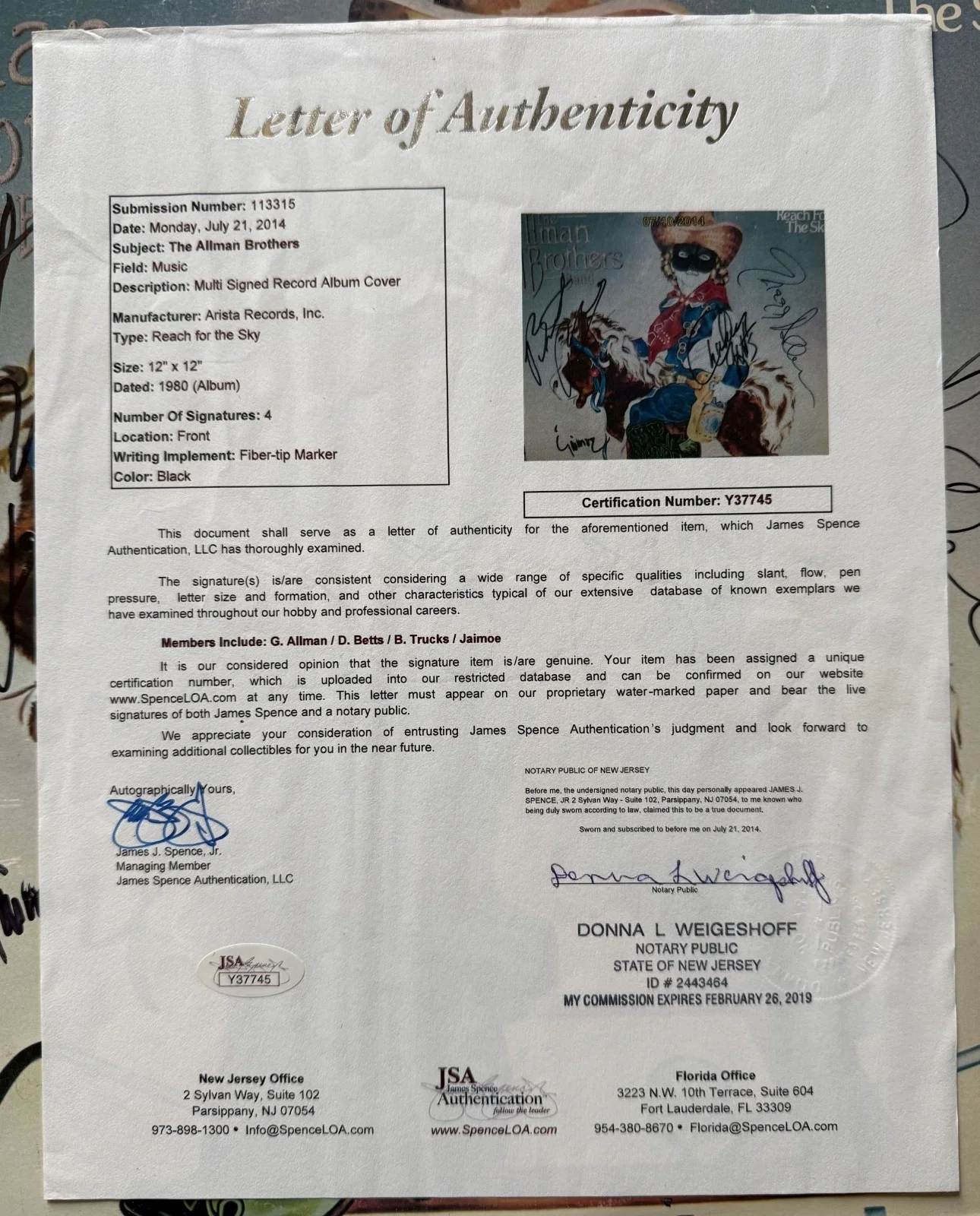 The Allman Brothers Signed Autographed "Reach for the Sky" Record Album: JSA LOA, изображение 2