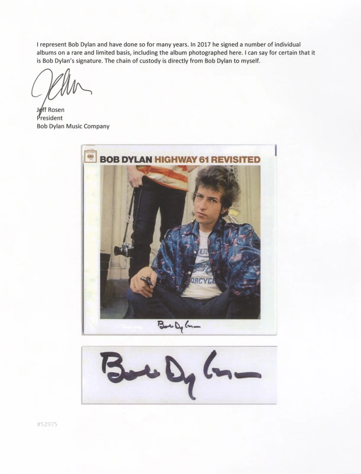 Bob Dylan Signed Album Vinyl Highway 61 Revisited with Manager Jeff Rosen COA, image 3