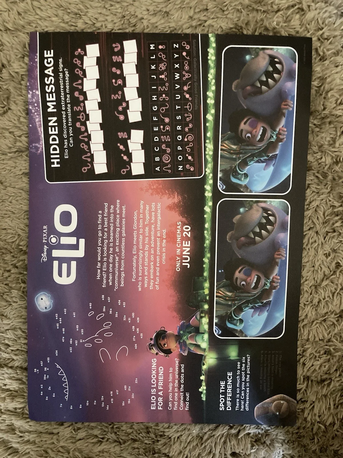 ELIO ODEON FILM POSTER ACTIVITY SHEET DOUBLE SIDED DISNEY PIXAR A3, image 2