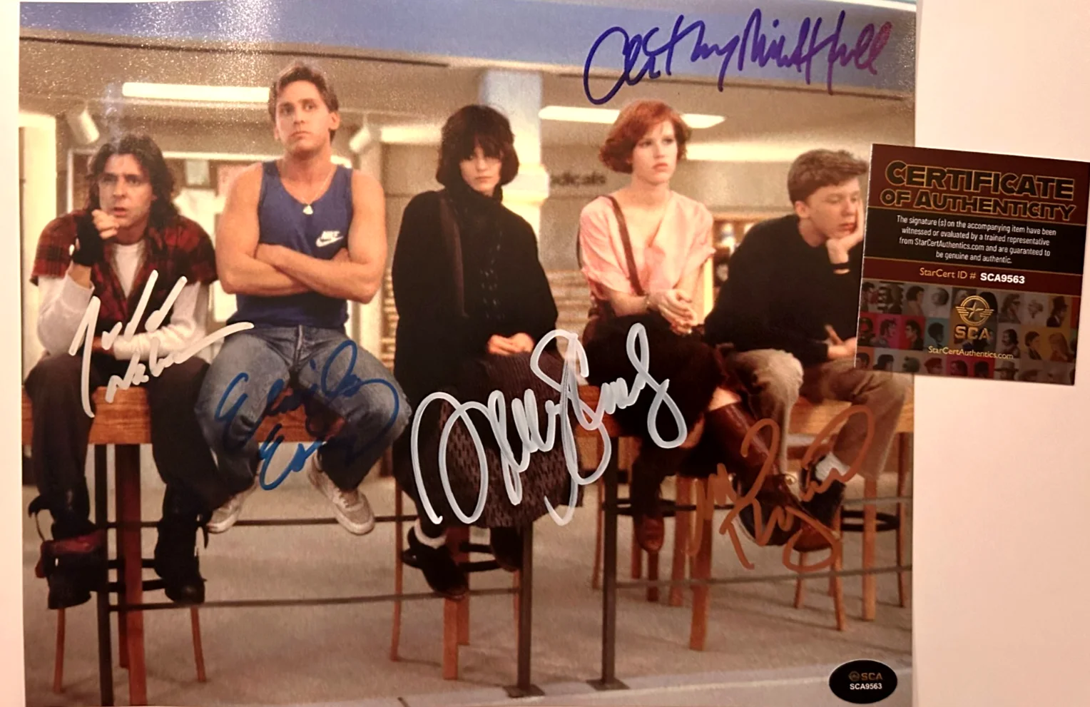 Emilio Estevez, Molly Ringwald, Judd Nelson, Ally Sheedy, Anthony — THE BREAKFAST CLUB Cast Signed 8x10" Authentic Original Autograph GENUINE w/COA