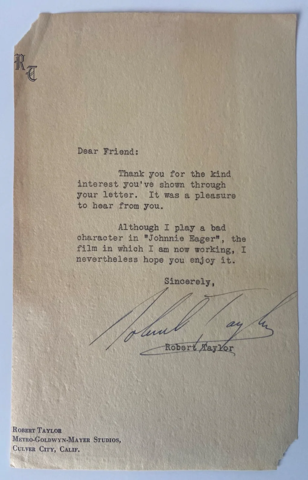 Letter Signed By Actor, ROBERT TAYLOR, image 3