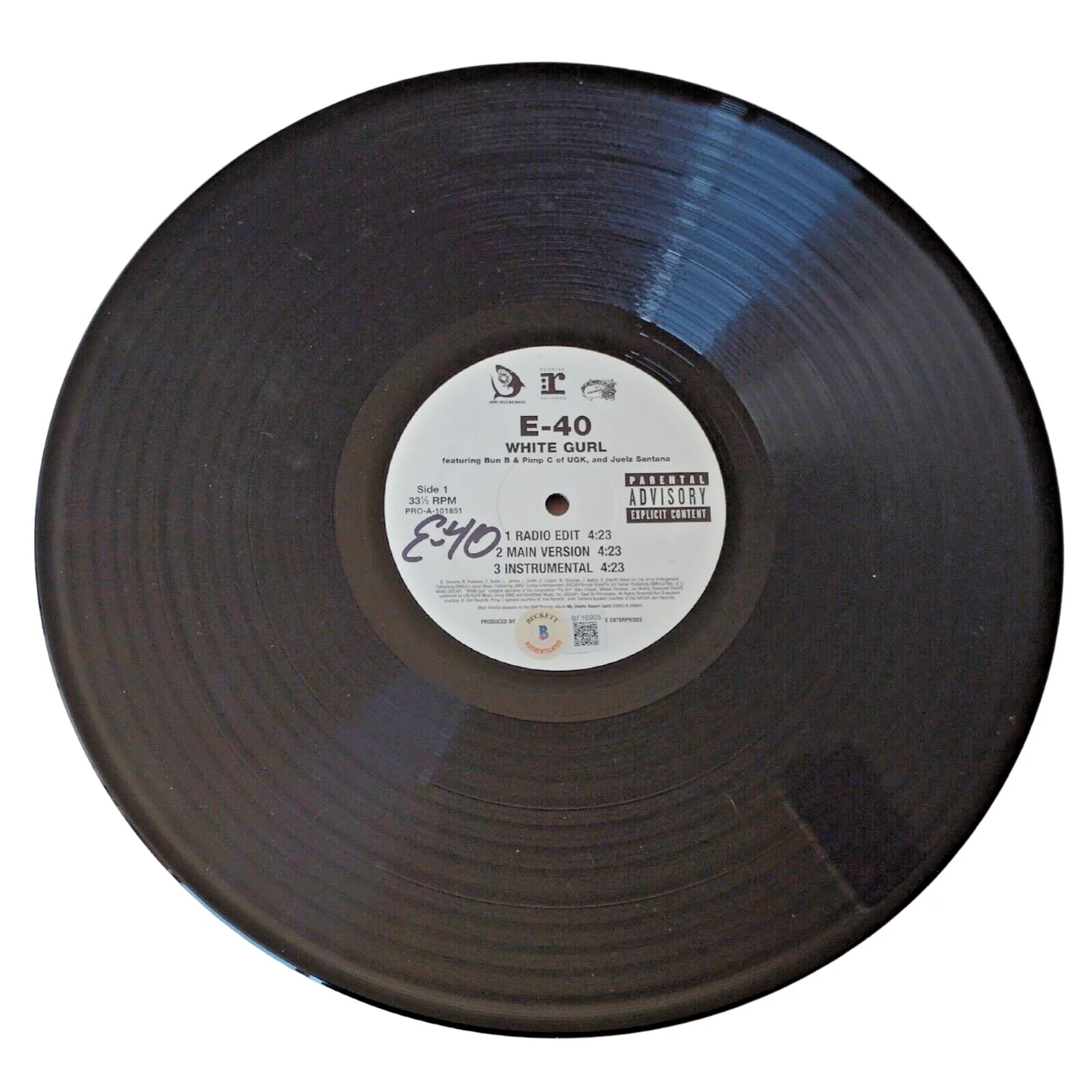 E-40 — E-40 Signed Vinyl 12" White Gurl / Just F*in Single Rap Album Beckett BAS Cert