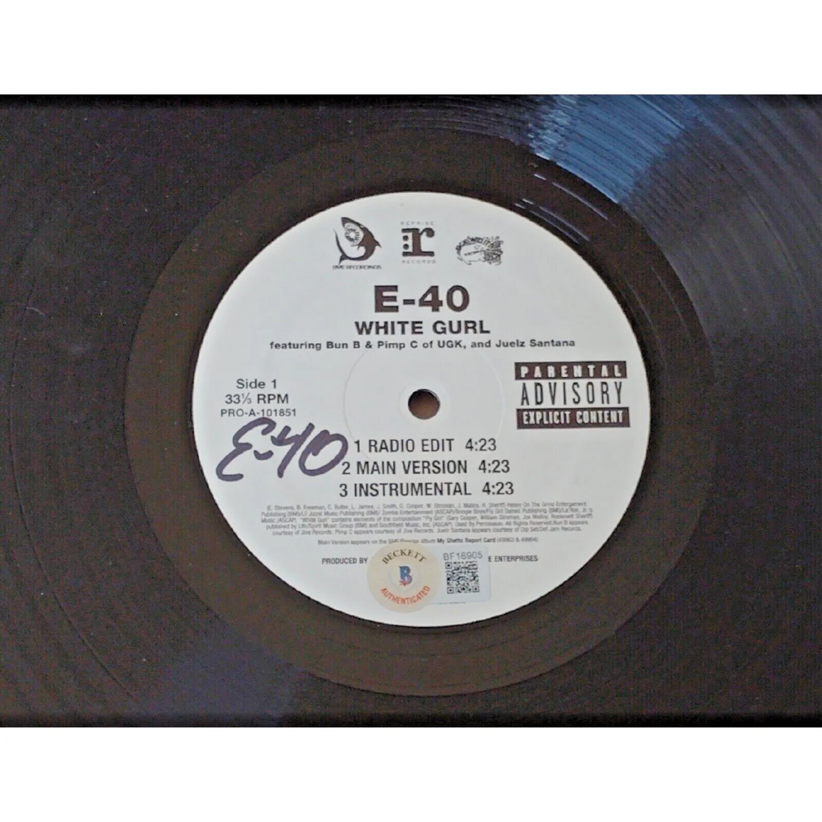 E-40 — E-40 Signed Vinyl 12" White Gurl / Just F*in Single Rap Album Beckett BAS Cert, изображение 2