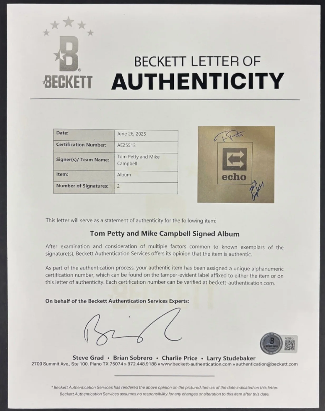 Tom Petty Mike Campbell Dual Signed Autograph Echo Album Insert Beckett BAS LOA, image 4