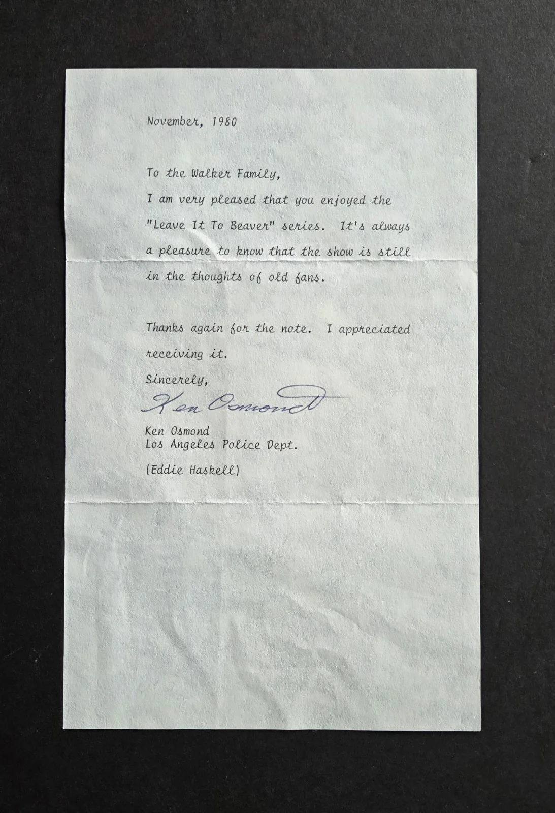Ken Osmond — Ken Osmond signed Leave It To Beaver 1980 letter