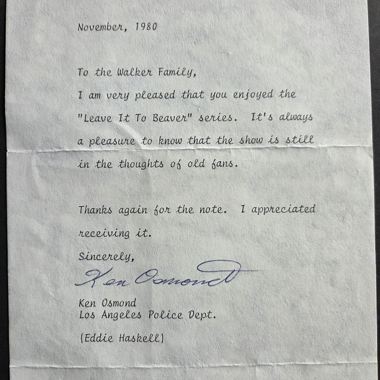 Ken Osmond — Ken Osmond signed Leave It To Beaver 1980 letter, изображение 2