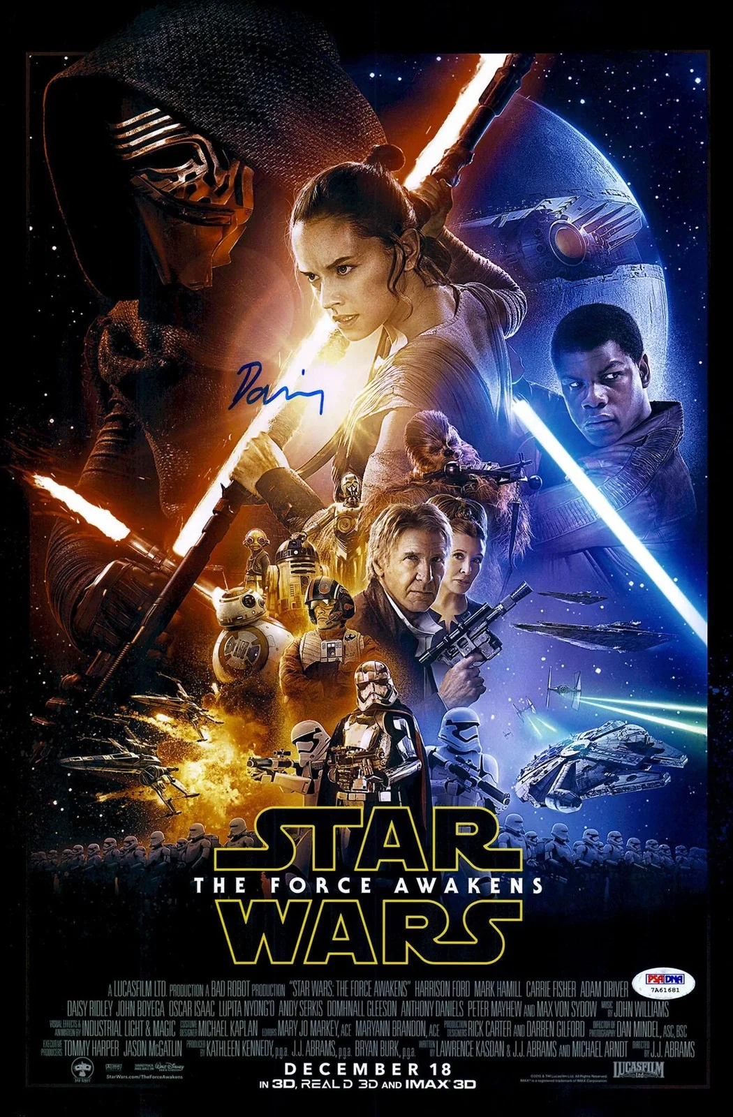 Daisy Ridley — Daisy Ridley Signed 12" x 18" Star Wars The Force Awakens Movie Poster - PSA/DNA
