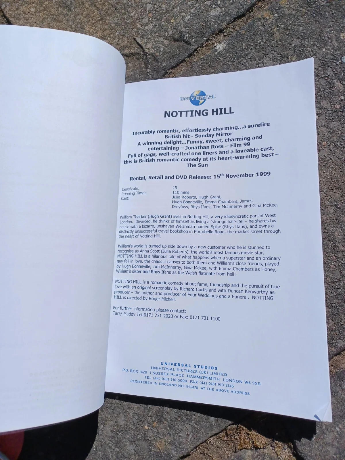 Notting Hill Press Pack promotional material booklet 1999, image 2