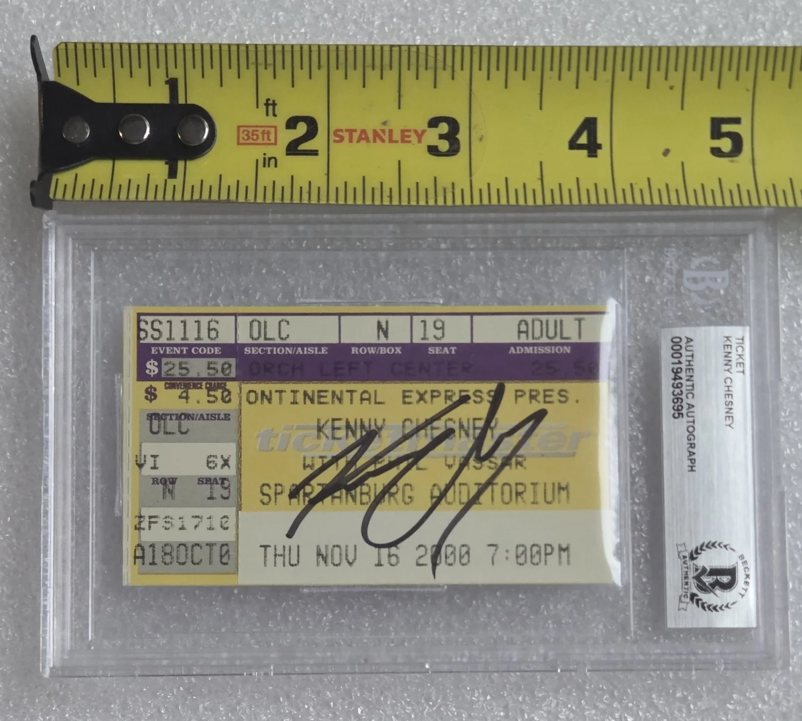 KENNY CHESNEY SIGNED TICKET SLABBED BECKETT BAS COA COUNTRY MUSIC AUTOGRAPHED, image 3