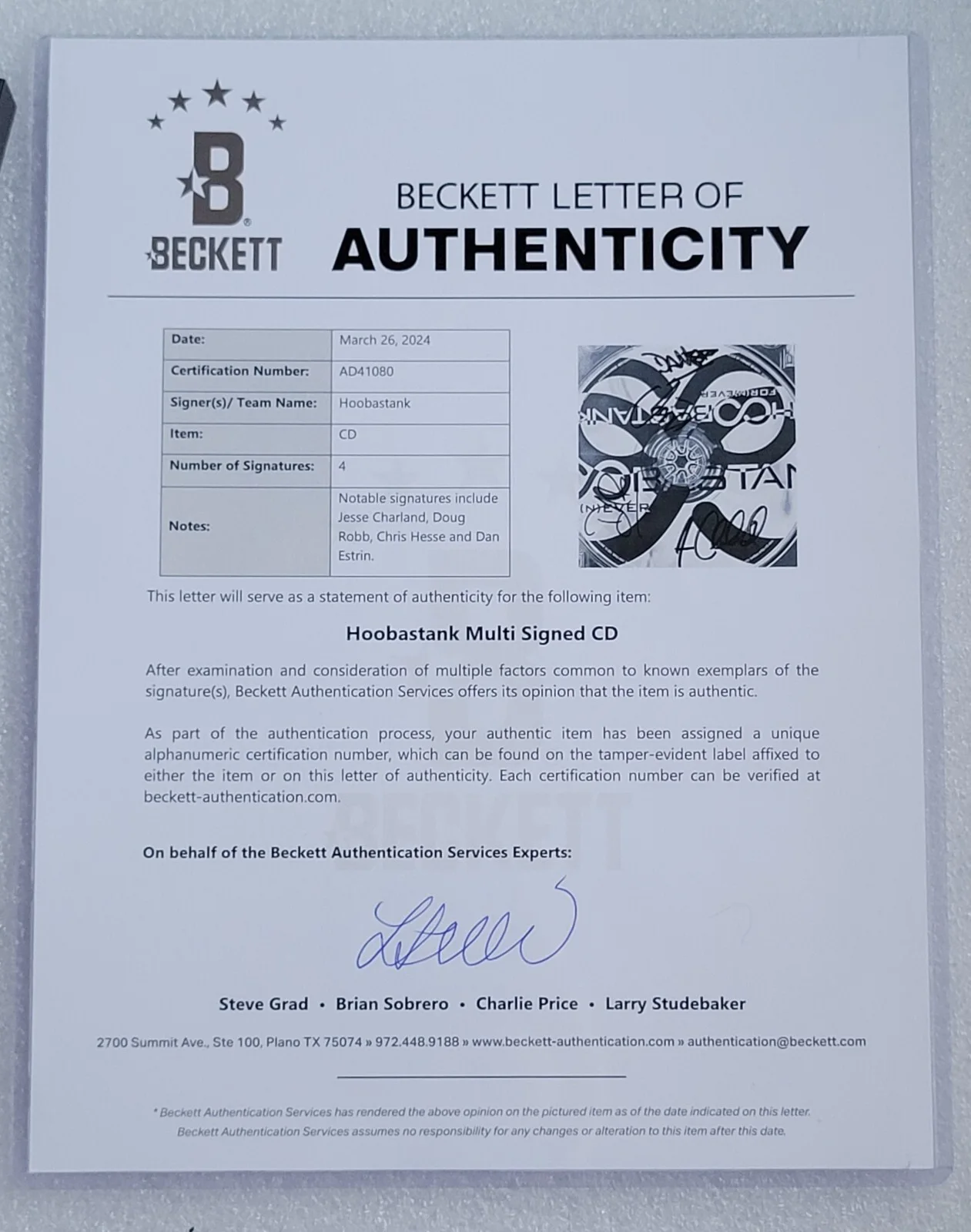 HOOBASTANK AUTOGRAPHED BECKETT COA LOA BAS CD MUSIC DISPLAY SIGNED MUSIC BAND, изображение 3