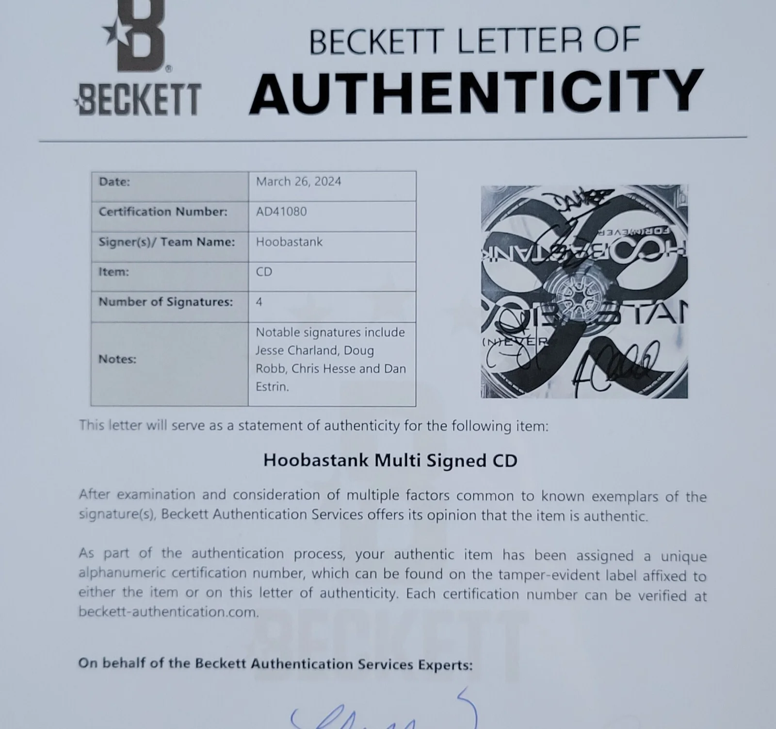 HOOBASTANK AUTOGRAPHED BECKETT COA LOA BAS CD MUSIC DISPLAY SIGNED MUSIC BAND, изображение 4