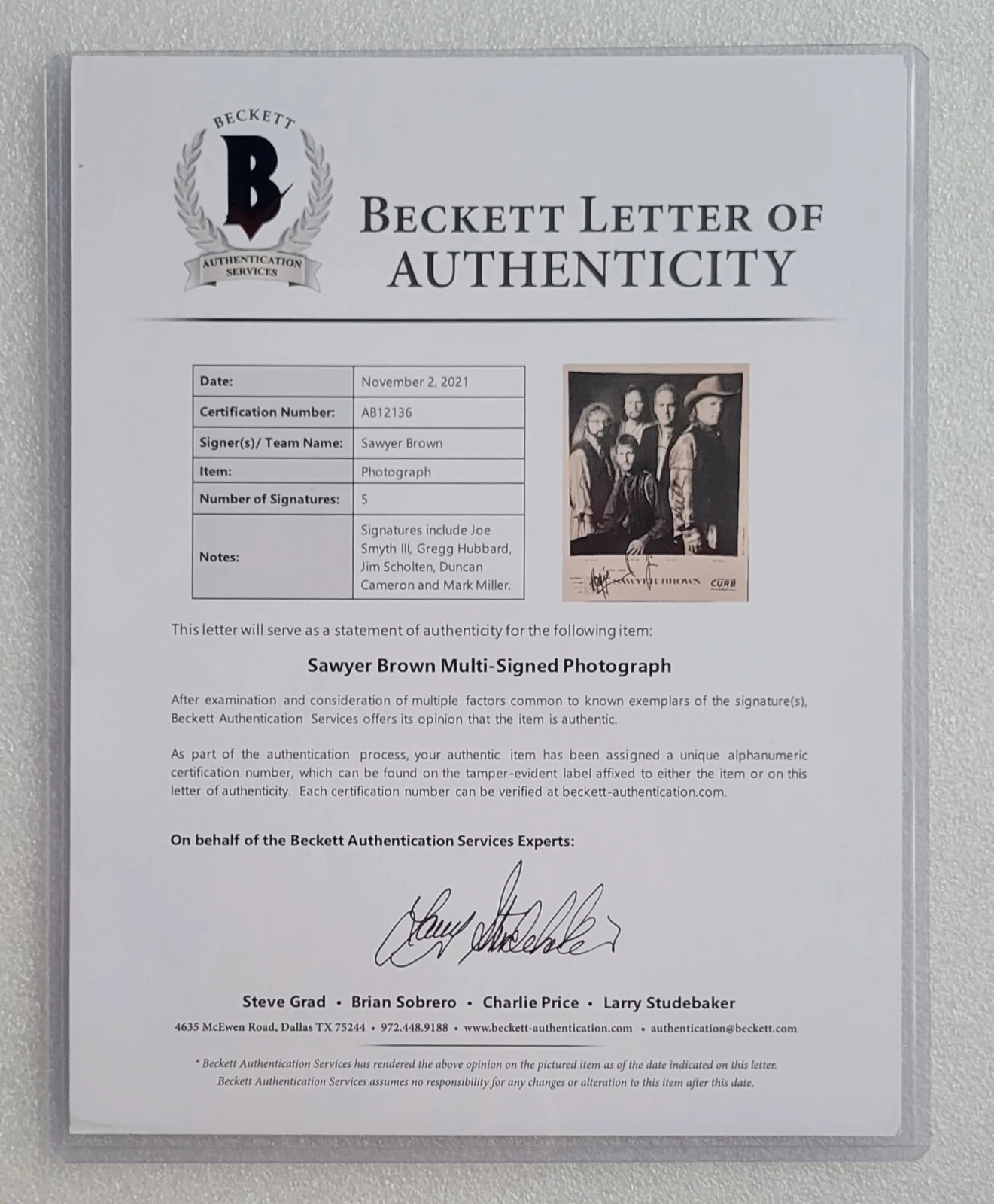 SAWYER BROWN SIGNED PROMO PHOTO BECKETT LOA BAS COA COUNTRY MUSIC BAND AUTOGRAPH, изображение 2