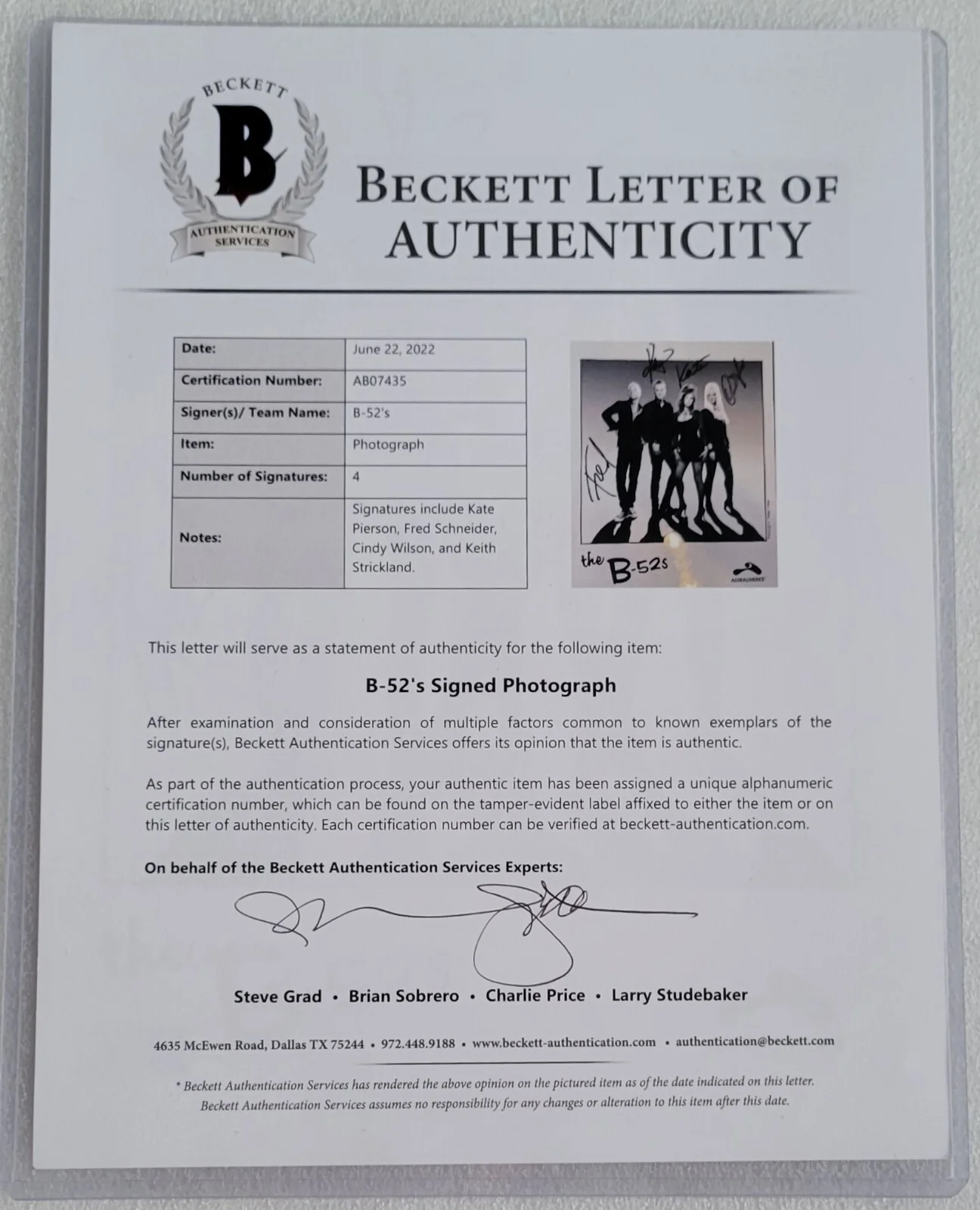 B-52S SIGNED PHOTO BECKETT LOA BAS COA FULL LETTER AUTOGRAPHED 8X10 B 52S BAND, изображение 3