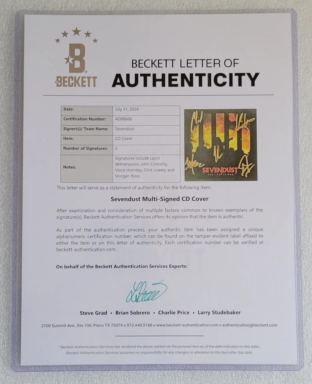 SEVENDUST SIGNED CD DISPLAY BECKETT LOA BAS COA AUTOGRAPHED FULL LETTER LEJON, image 3