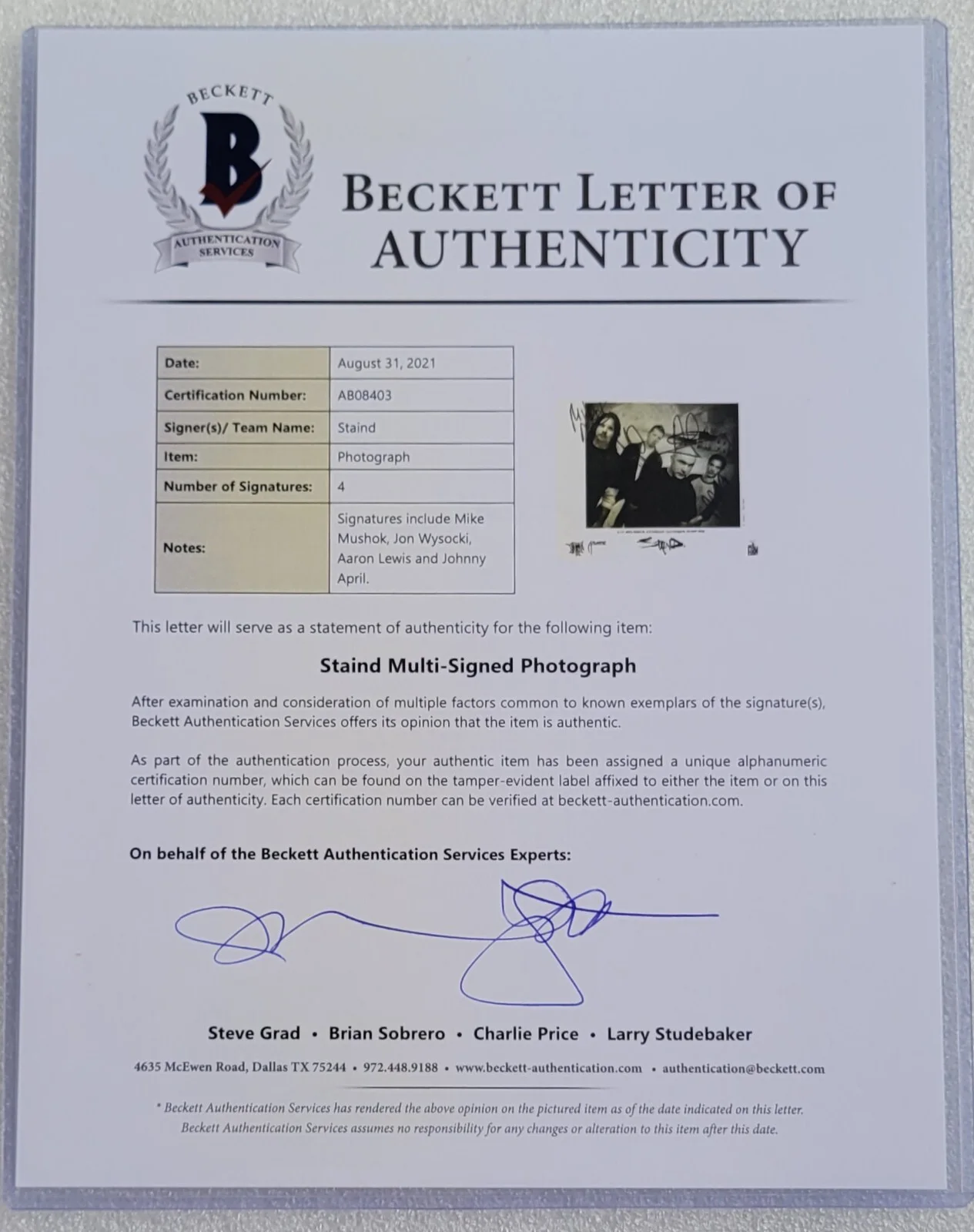 STAIND SIGNED PHOTO BECKETT LOA BAS COA ROCK MUSIC BAND AUTOGRAPHED, image 3
