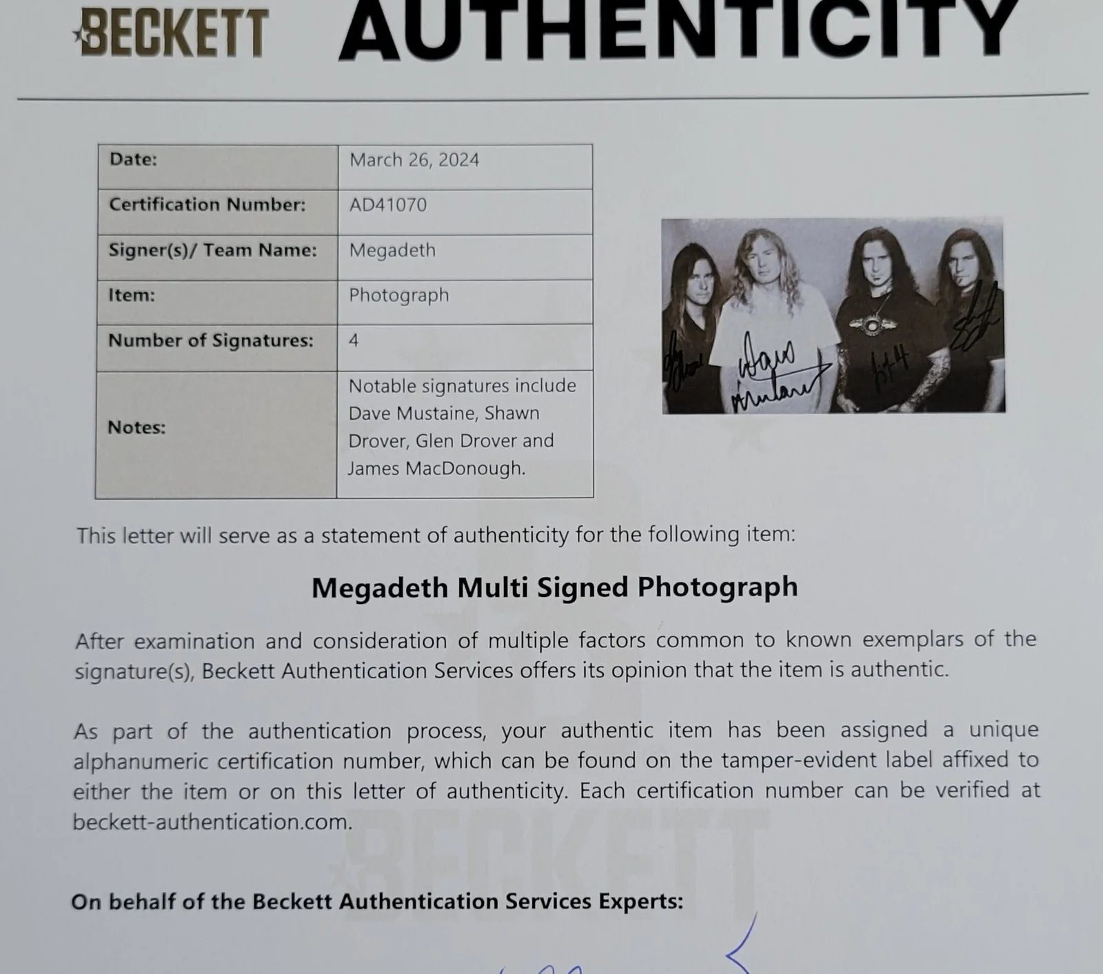 MEGADETH SIGNED PROMO PHOTO BECKETT LOA BAS COA AUTOGRAPHED BAND DAVE MUSTAINE, изображение 3
