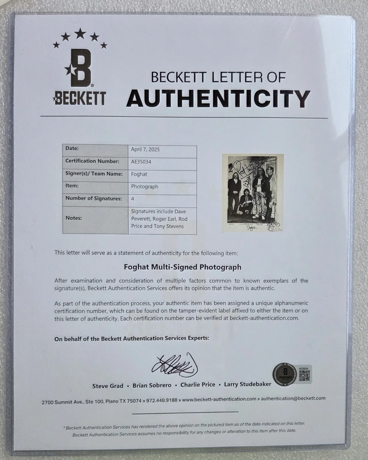 FOGHAT SIGNED PROMO PHOTO BECKETT LOA BAS COA ROCK MUSIC BAND AUTOGRAPHED 8X10, изображение 3