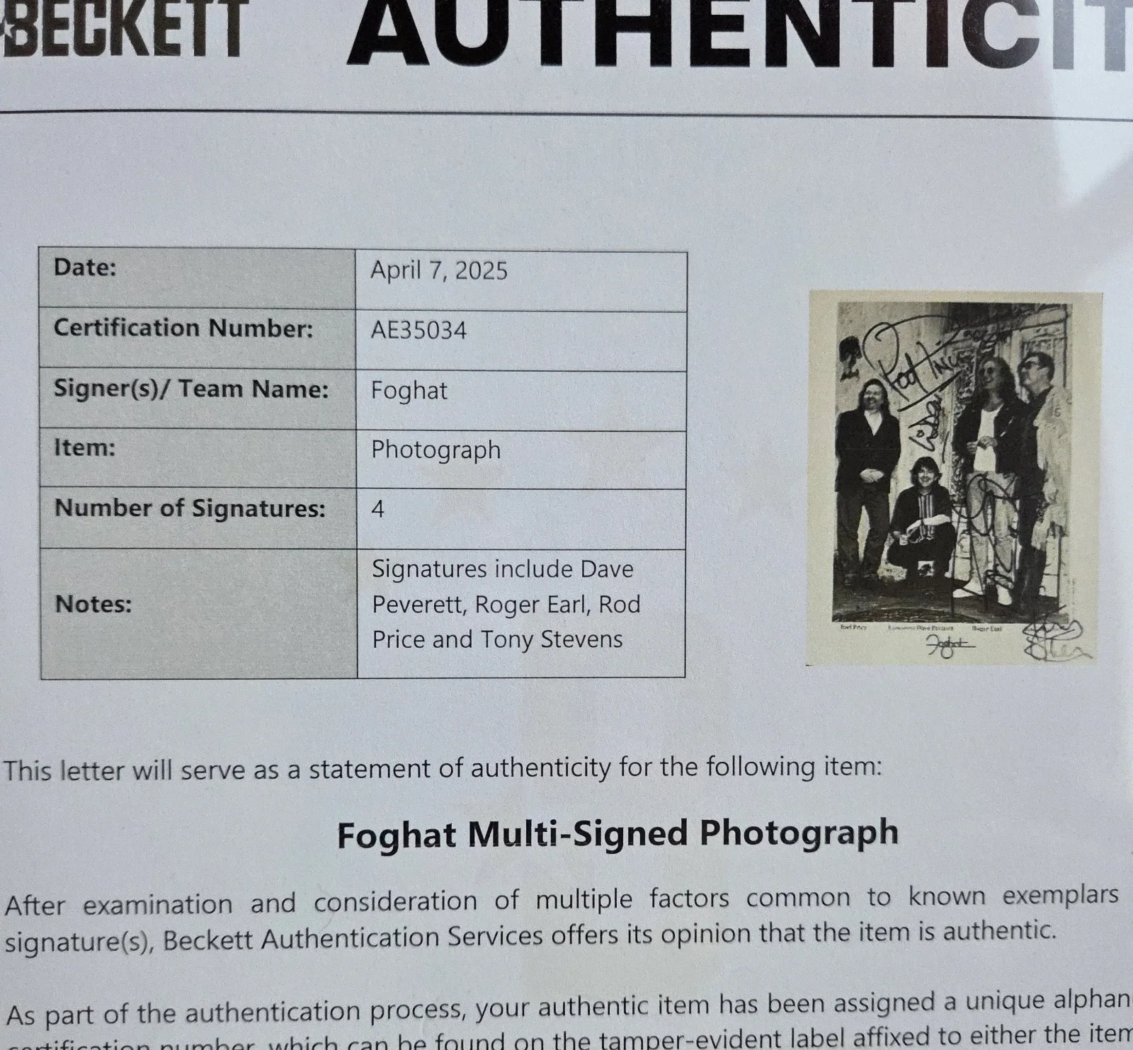 FOGHAT SIGNED PROMO PHOTO BECKETT LOA BAS COA ROCK MUSIC BAND AUTOGRAPHED 8X10, изображение 4