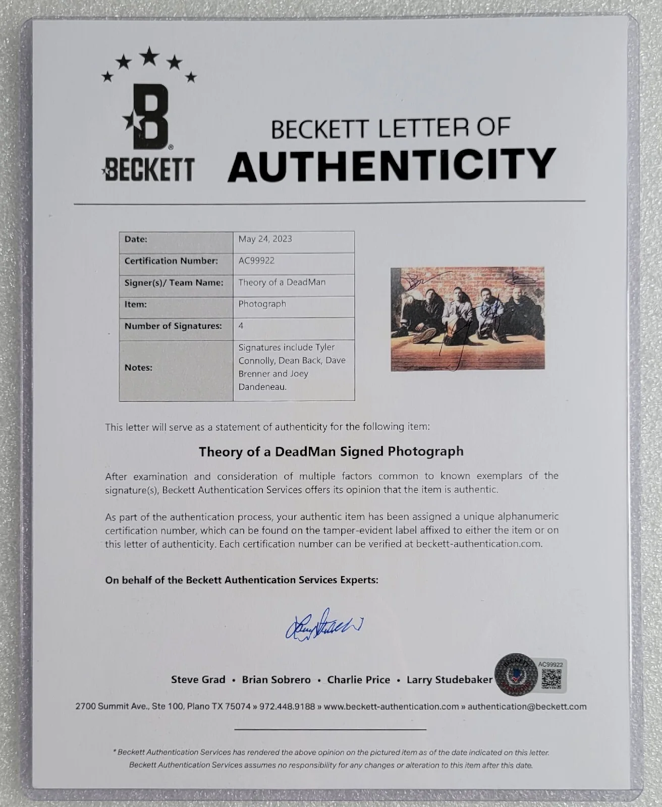 THEORY OF A DEADMAN SIGNED 8X10 PHOTO BECKETT BAS LOA COA MUSIC BAND AUTOGRAPHED, изображение 4