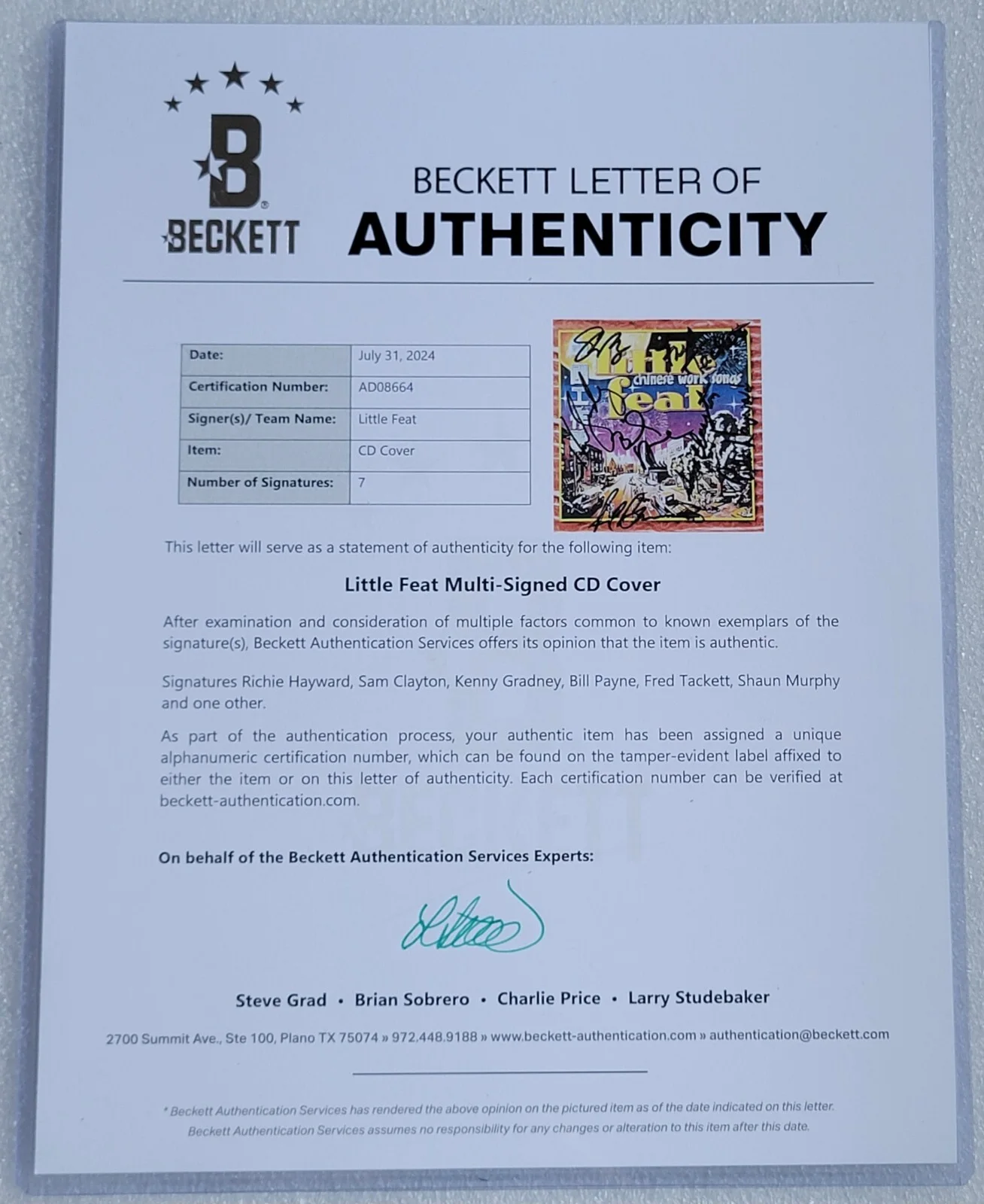 LITTLE FEAT AUTOGRAPHED BECKETT COA LOA BAS CD MUSIC DISPLAY SIGNED MUSIC BAND, изображение 3