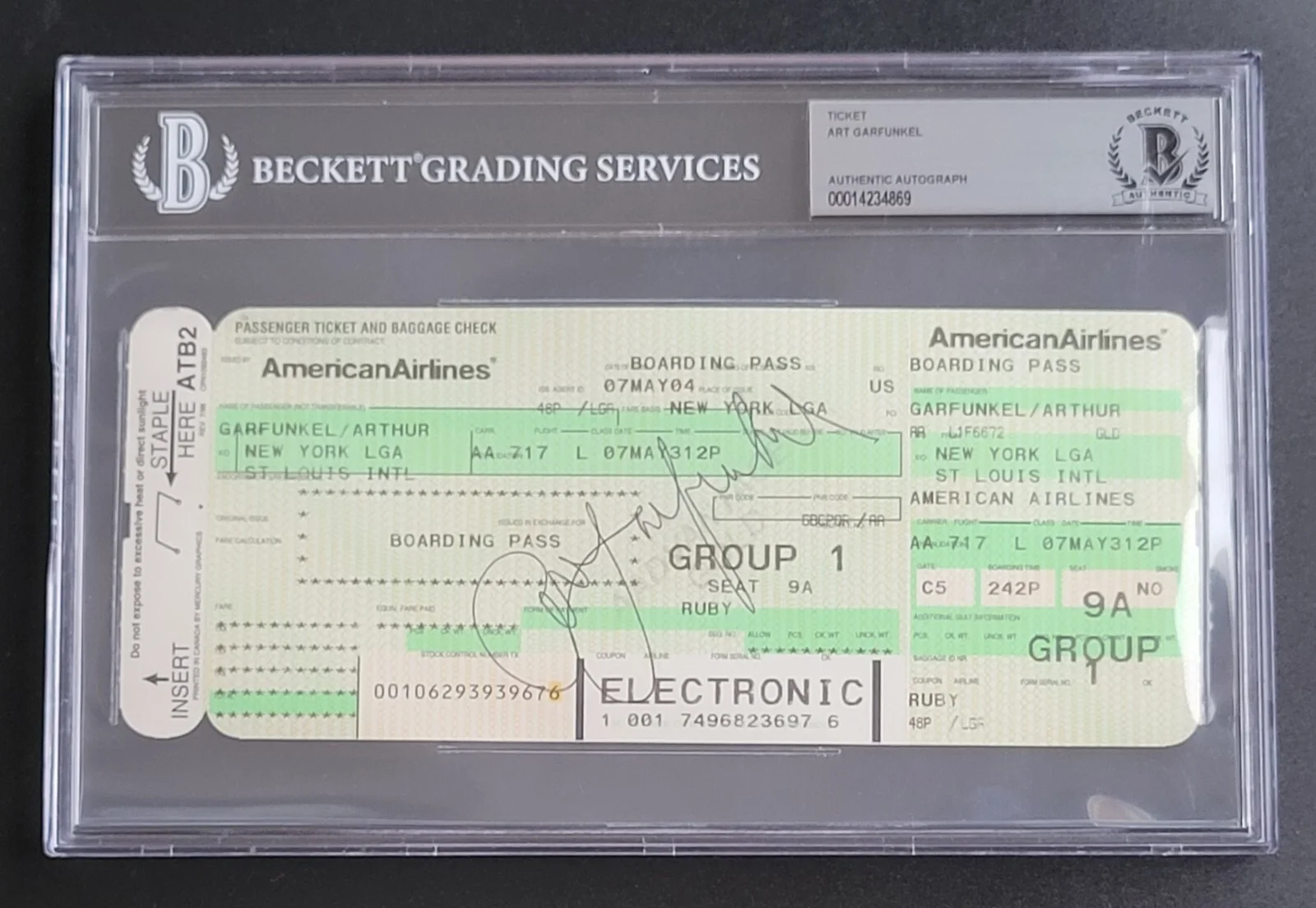 ART GARFUNKEL SIGNED SLABBED BECKETT BAS COA AUTOGRAPHED AIRLINE TICKET SIMON, image 2