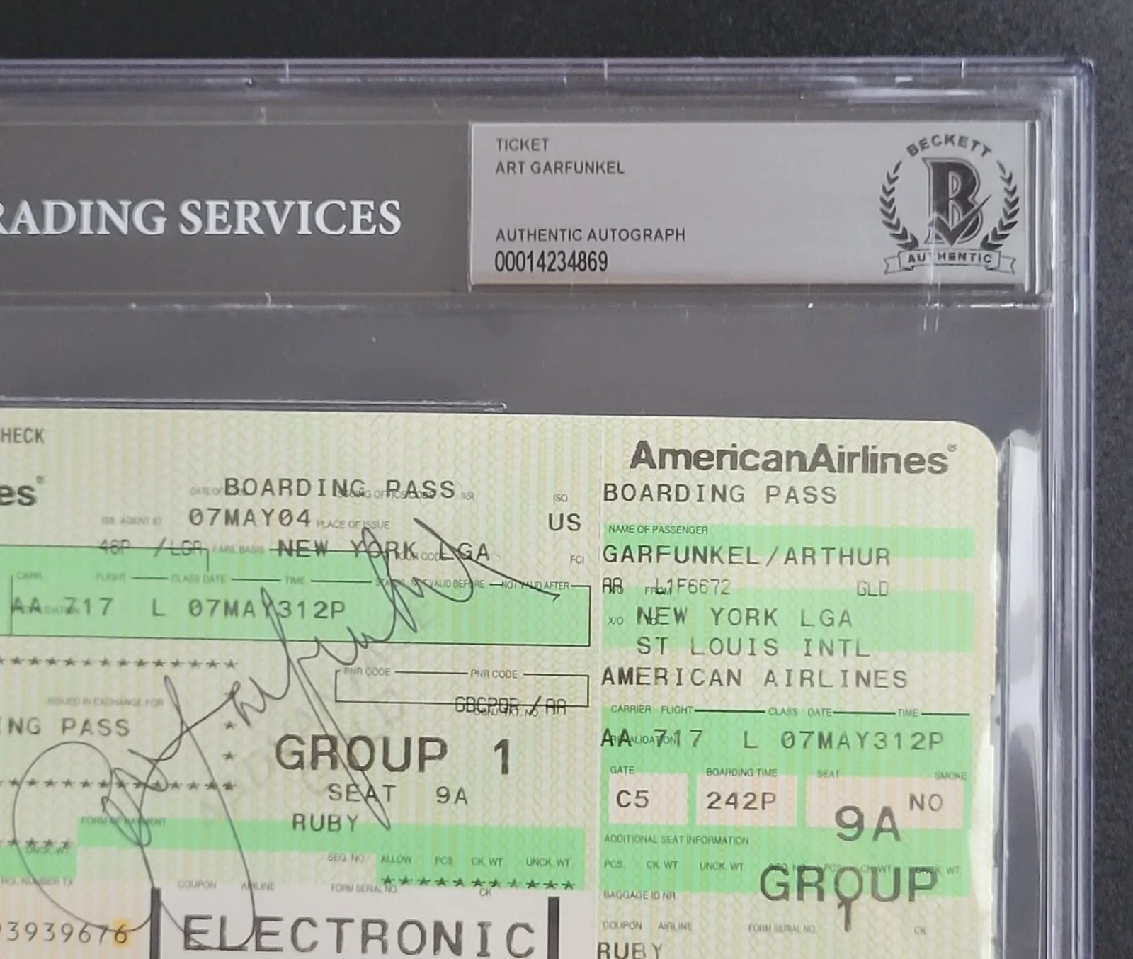 ART GARFUNKEL SIGNED SLABBED BECKETT BAS COA AUTOGRAPHED AIRLINE TICKET SIMON, image 3