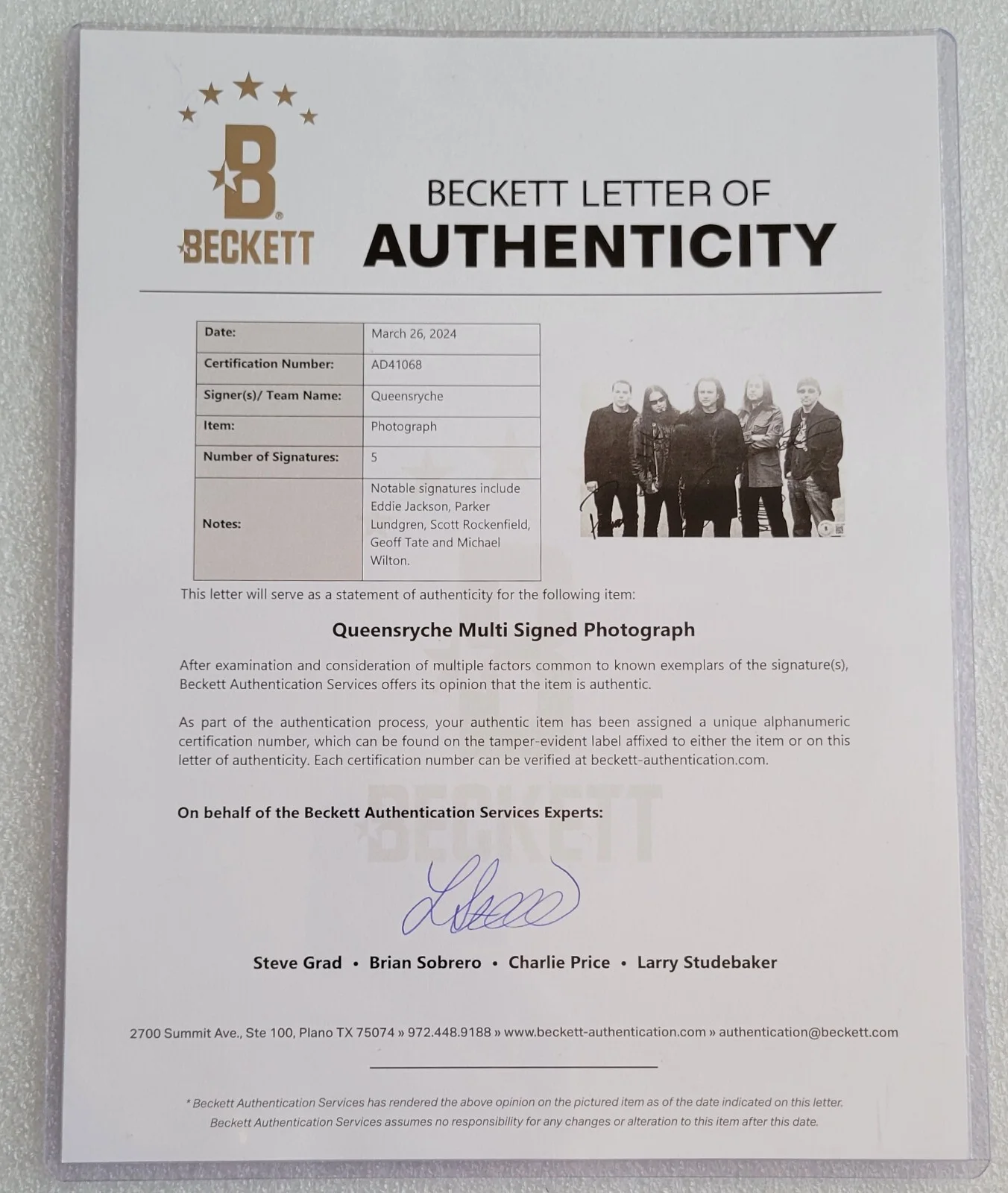 QUEENSRYCHE SIGNED PROMO PHOTO BECKETT LOA BAS COA AUTOGRAPHED 8X10 MUSIC BAND, изображение 3