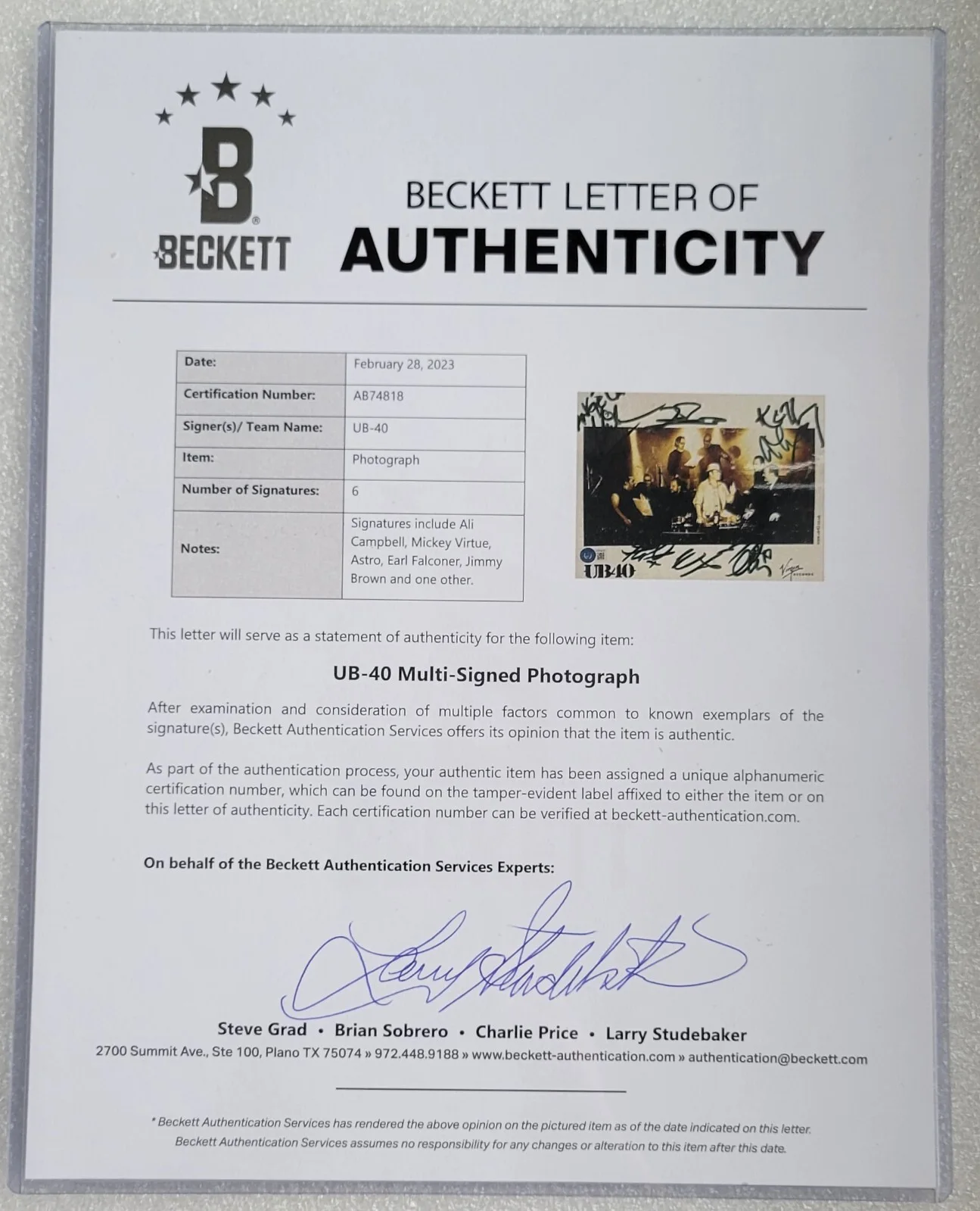 UB-40 SIGNED PHOTO BECKETT LOA BAS COA REGGAE MUSIC BAND AUTOGRAPHED UB40 RARE, изображение 2