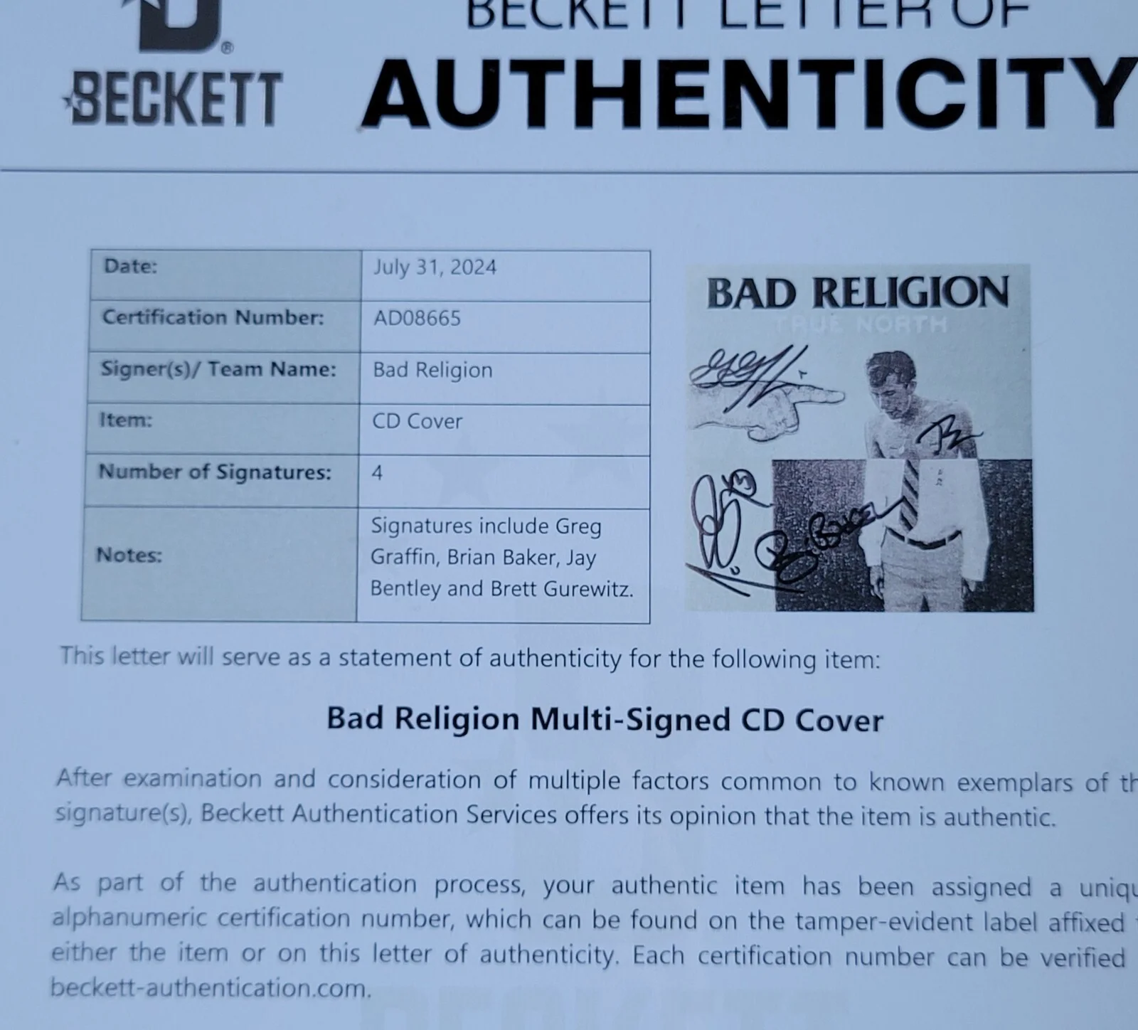 BAD RELIGION AUTOGRAPHED BECKETT COA LOA BAS CD MUSIC DISPLAY SIGNED MUSIC BAND, изображение 2