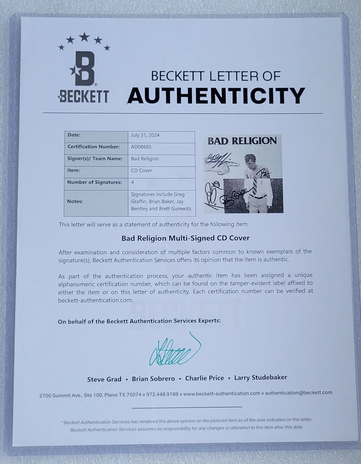 BAD RELIGION AUTOGRAPHED BECKETT COA LOA BAS CD MUSIC DISPLAY SIGNED MUSIC BAND, изображение 3