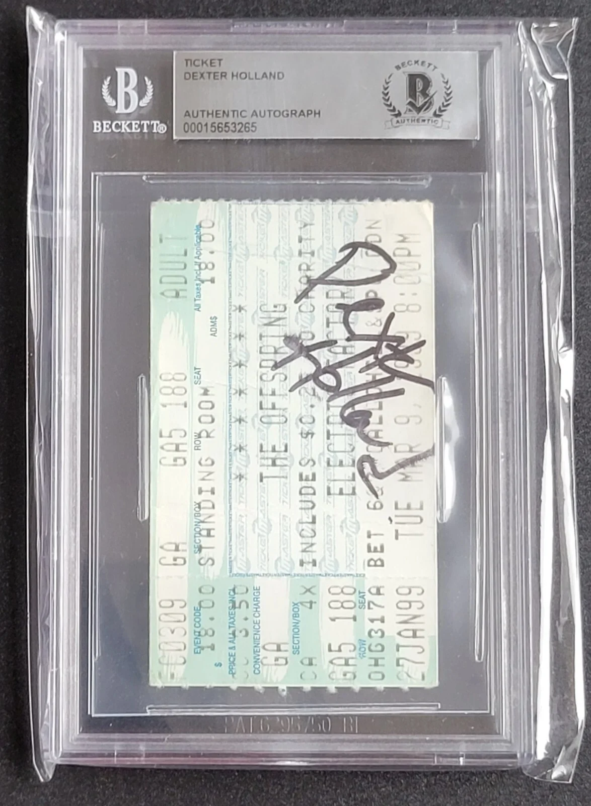 DEXTER HOLLAND SIGNED SLABBED BECKETT BAS COA AUTOGRAPHED THE OFFSPRING TICKET, изображение 2