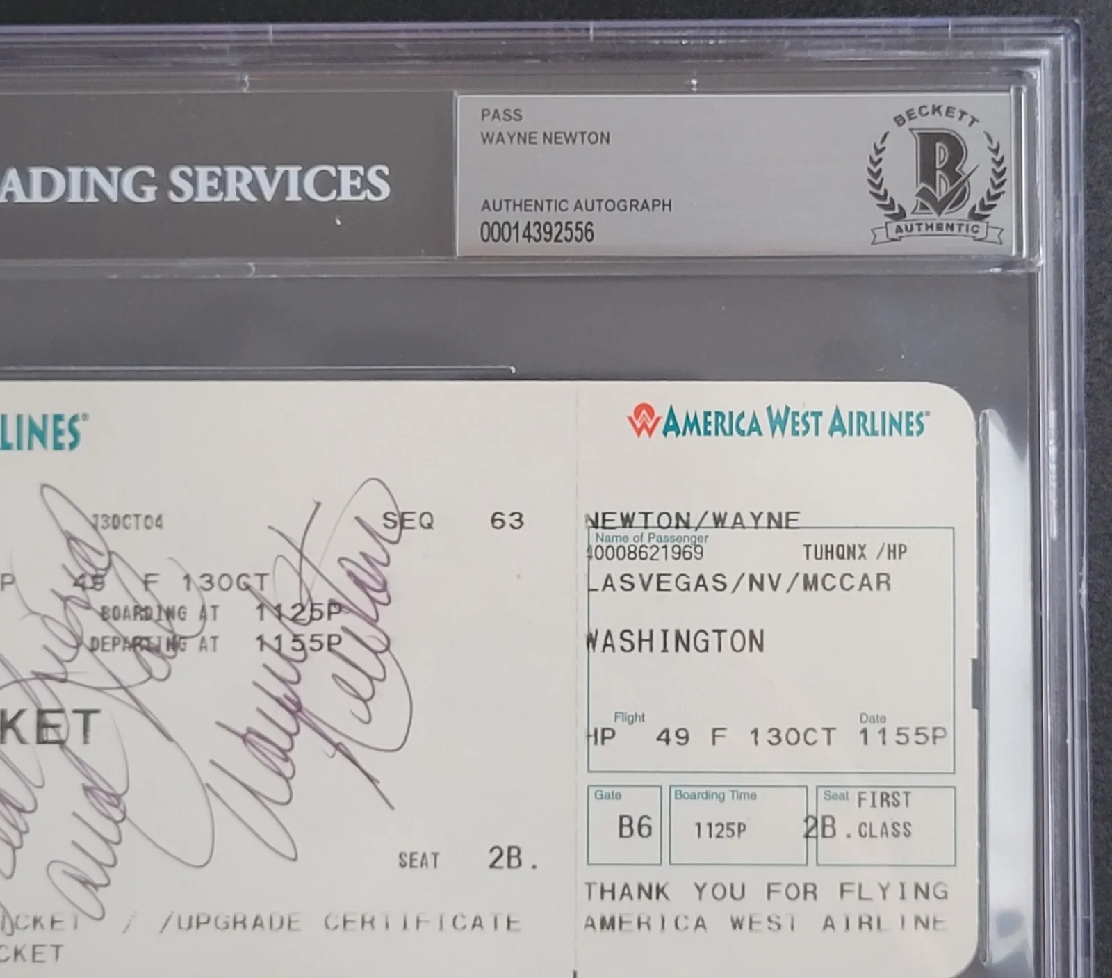 WAYNE NEWTON SIGNED SLABBED BECKETT BAS COA AIRLINE TICKET MUSIC AUTOGRAPHED, image 3