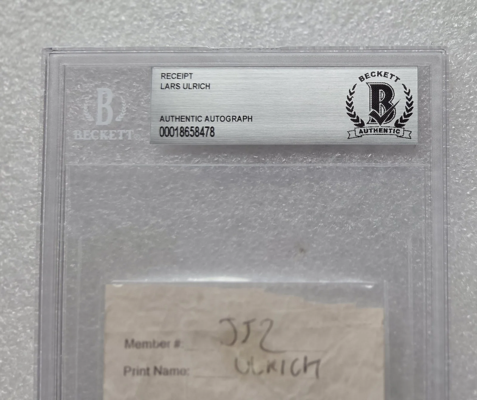 LARS ULRICH SIGNED RECEIPT BECKETT BAS COA AUTOGRAPHED SLABBED METALLICA BAND, image 2