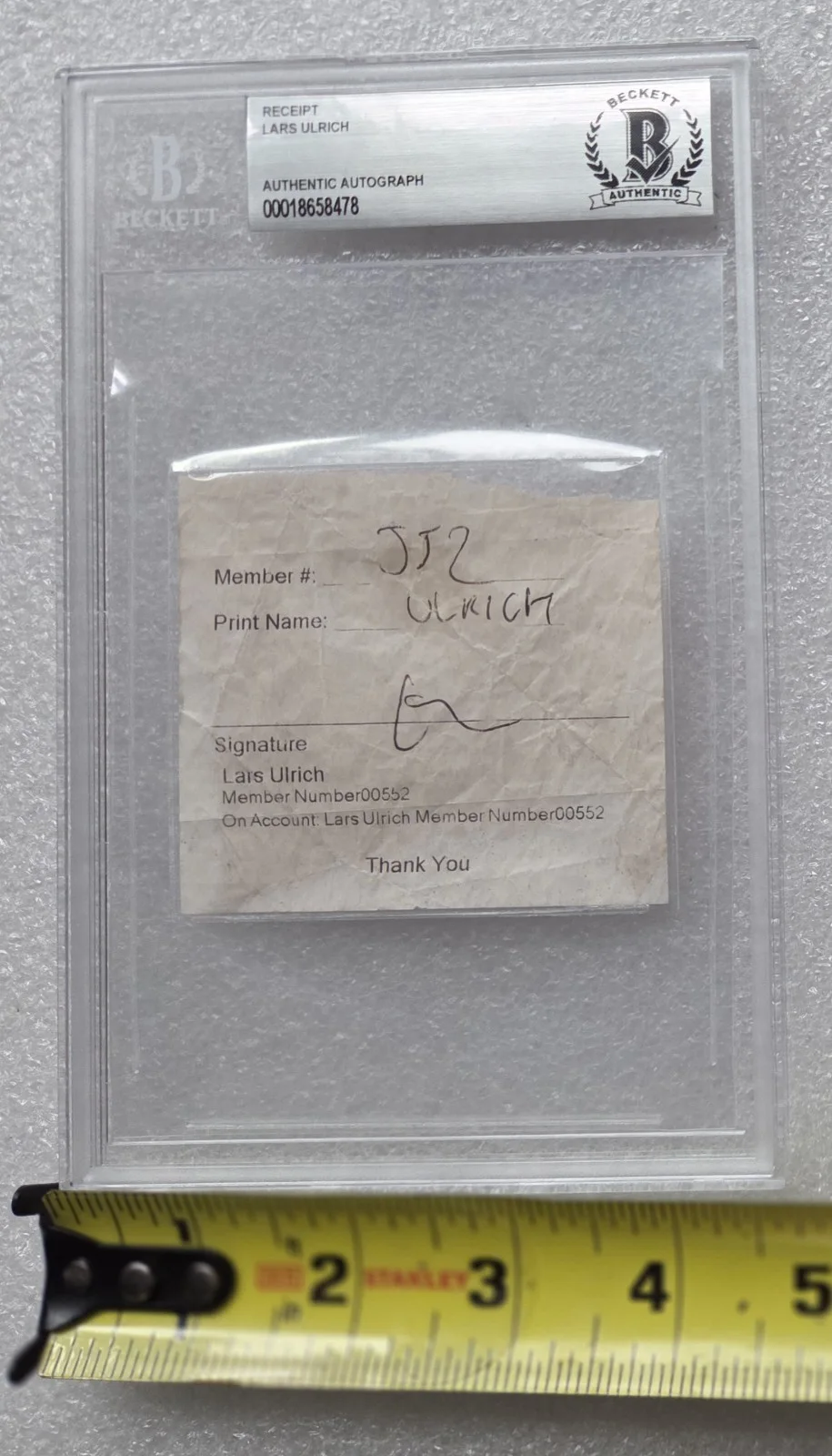 LARS ULRICH SIGNED RECEIPT BECKETT BAS COA AUTOGRAPHED SLABBED METALLICA BAND, image 3