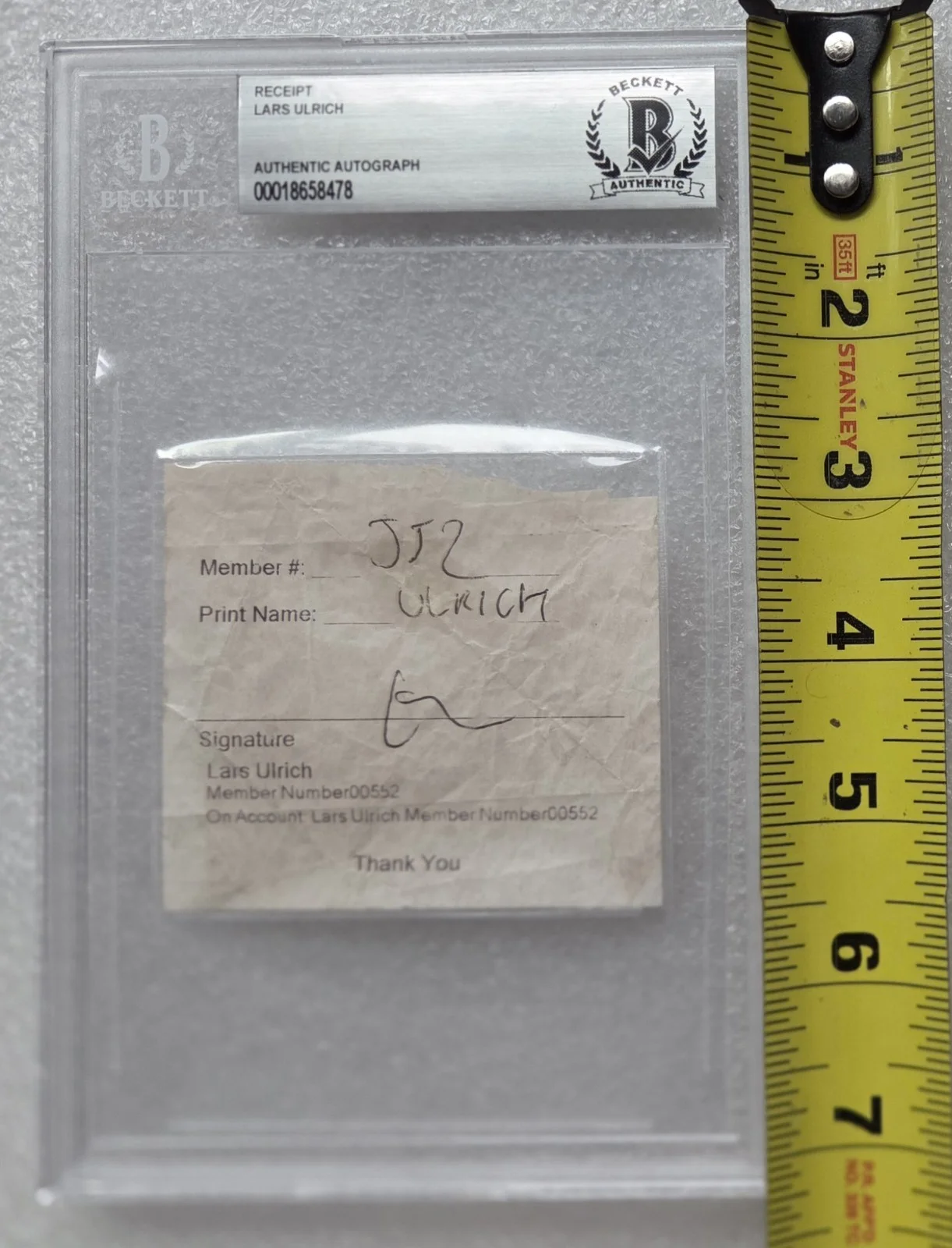 LARS ULRICH SIGNED RECEIPT BECKETT BAS COA AUTOGRAPHED SLABBED METALLICA BAND, image 4