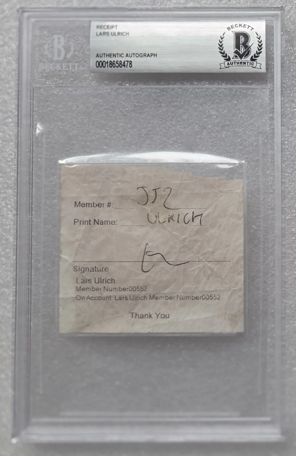 LARS ULRICH SIGNED RECEIPT BECKETT BAS COA AUTOGRAPHED SLABBED METALLICA BAND, image 5