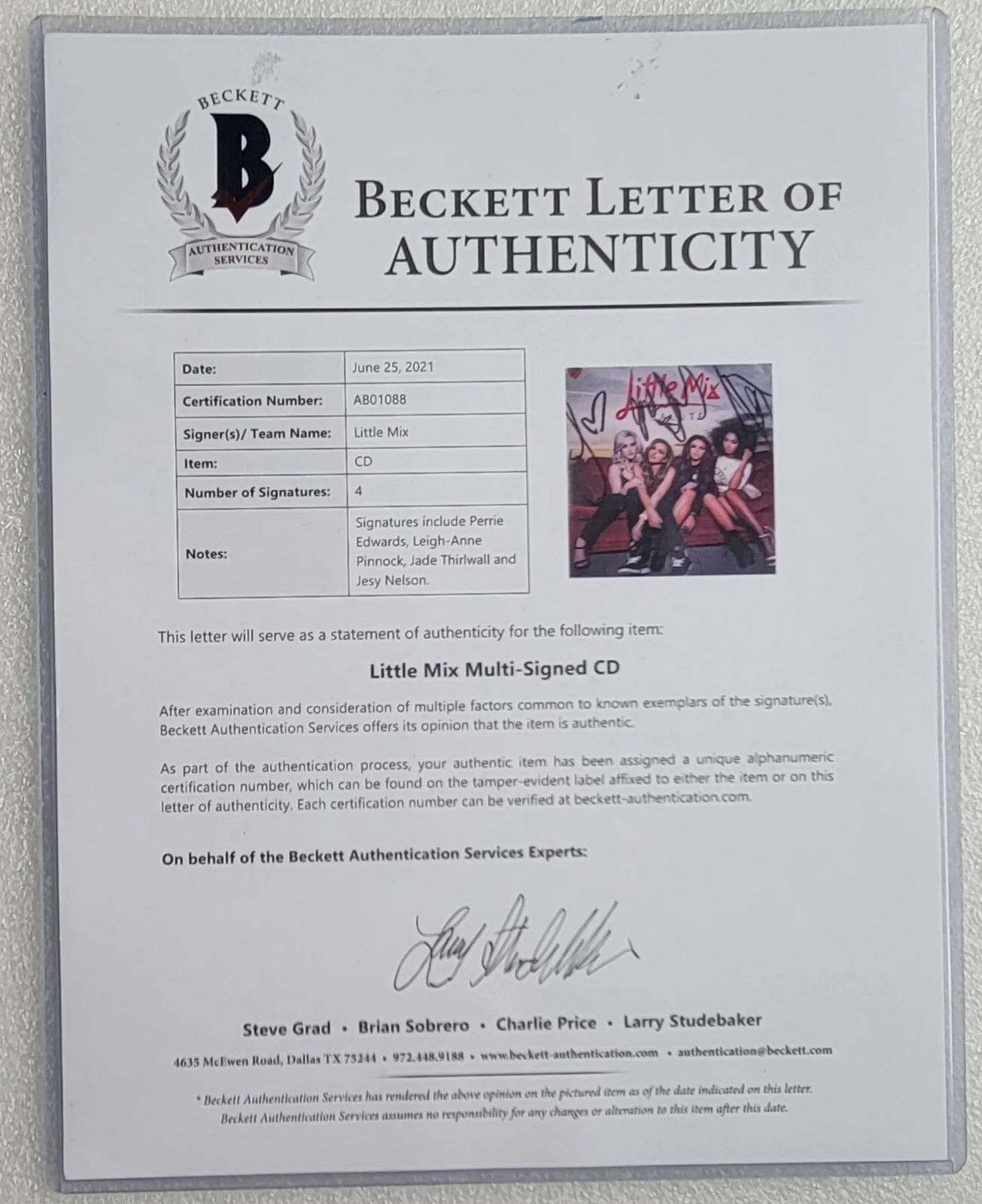LITTLE MIX AUTOGRAPHED BECKETT BAS LOA COA BAND SIGNED MUSIC CD DISPLAY LETTER, изображение 4