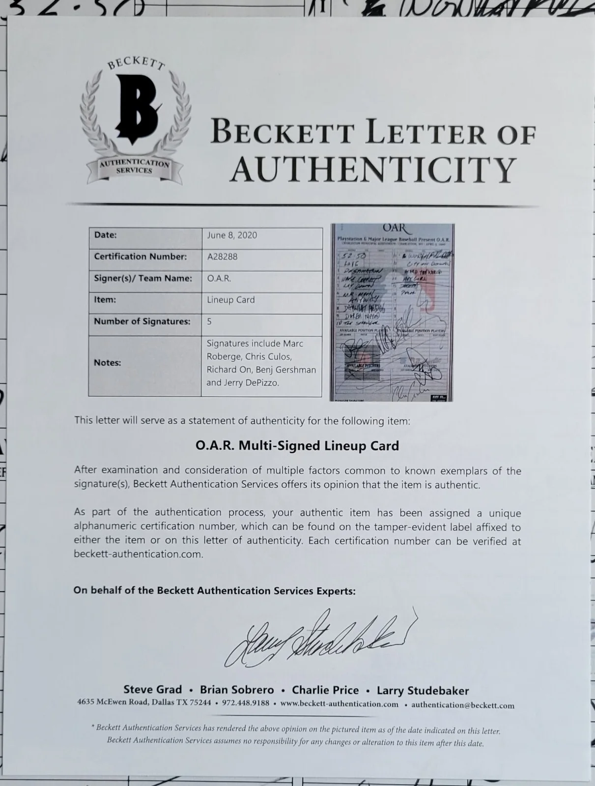 O.A.R. BAND AUTOGRAPHED BECKETT BAS LOA COA SIGNED ROCK MLB CERTIFIED POSTER, изображение 5