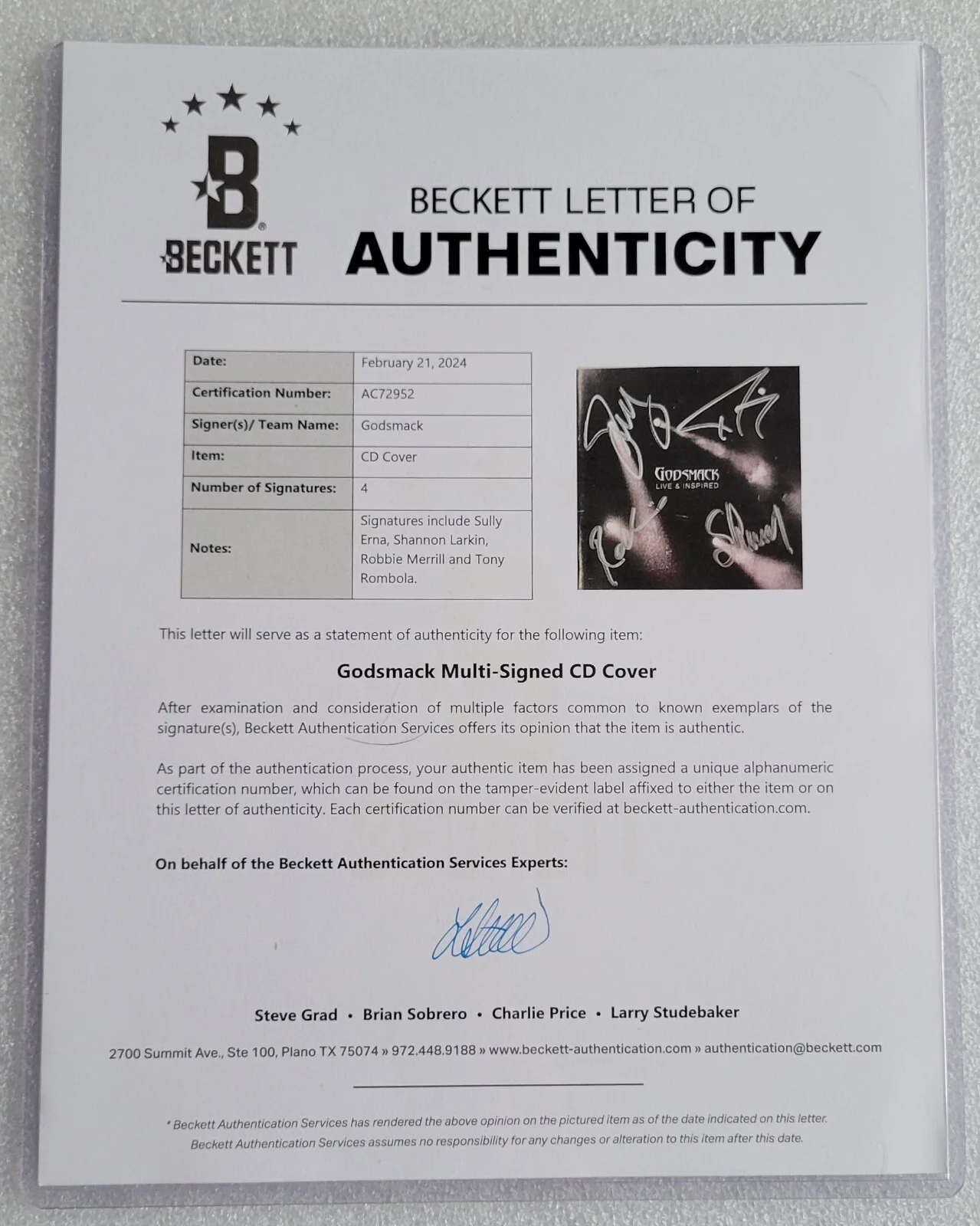 GODSMACK AUTOGRAPHED BECKETT COA LOA BAS CD DISPLAY SIGNED SULLY FULL LETTER, image 4