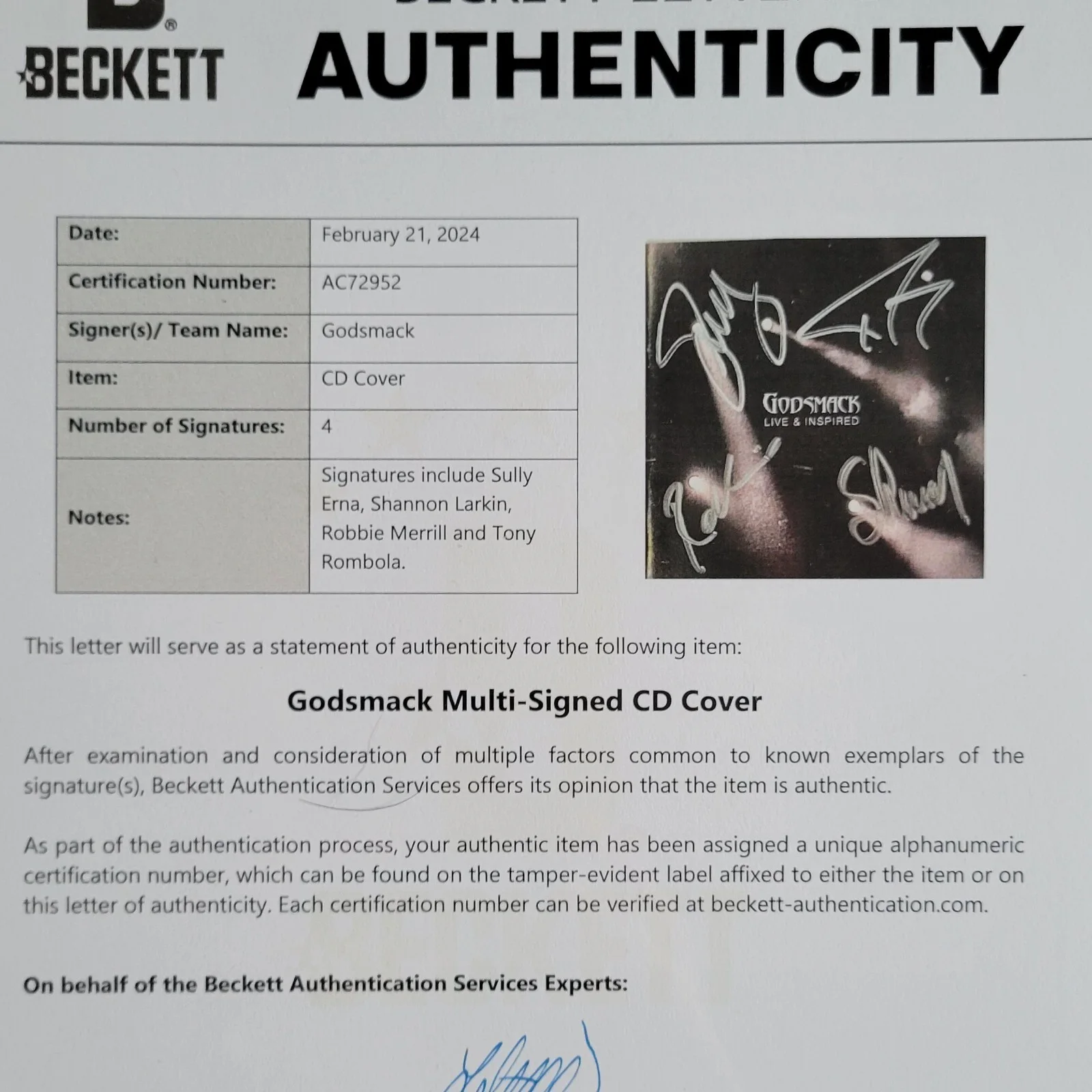 GODSMACK AUTOGRAPHED BECKETT COA LOA BAS CD DISPLAY SIGNED SULLY FULL LETTER, image 5