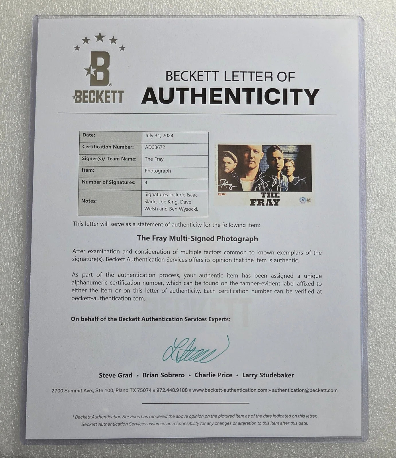 THE FRAY SIGNED PHOTO BECKETT LOA BAS COA FULL LETTER AUTOGRAPHED BAND, изображение 5