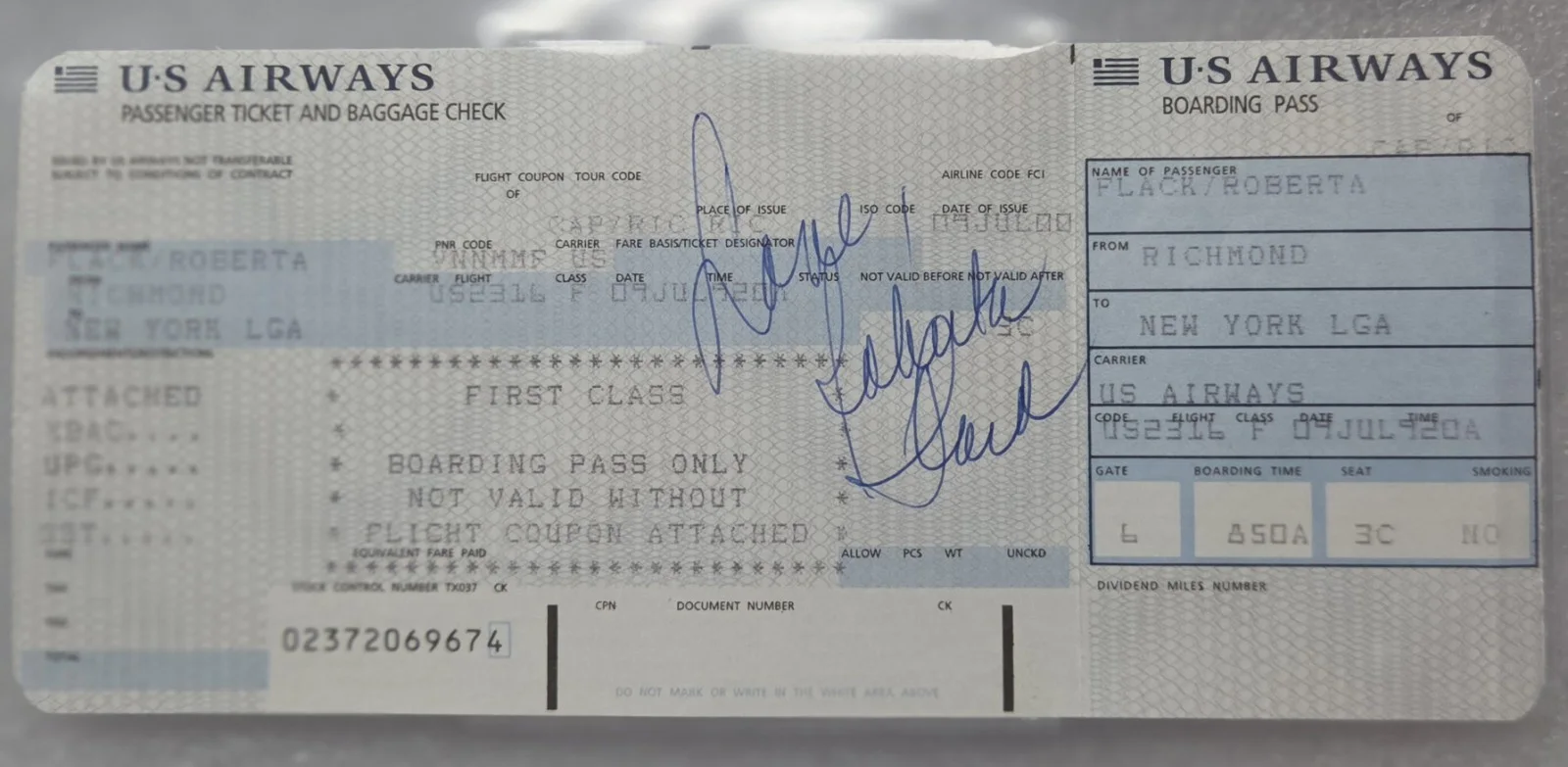 ROBERTA FLACK SIGNED SLABBED BECKETT BAS COA AUTOGRAPHED AIRLINE TICKET BOARDING, image 2