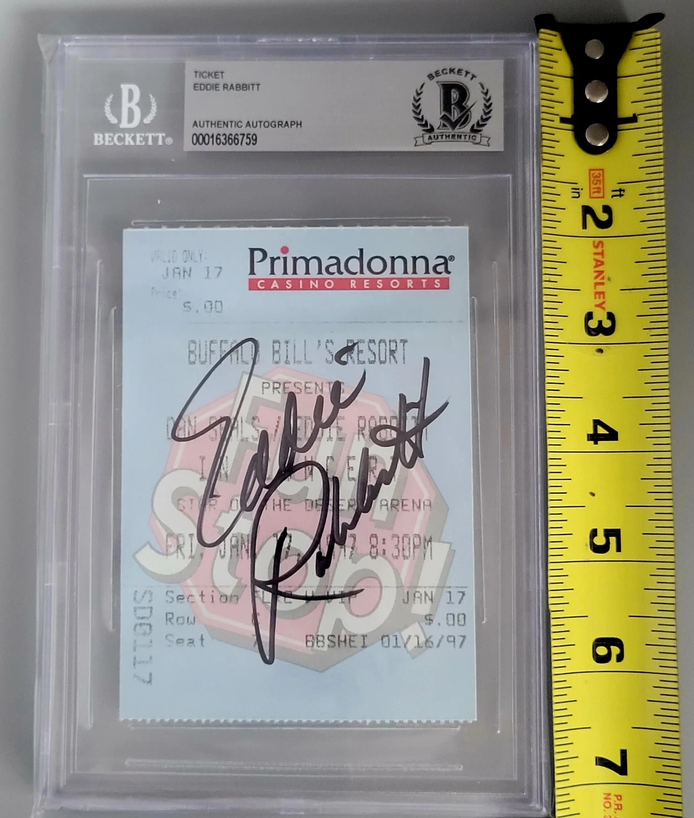 EDDIE RABBITT BAS BECKETT COA SLABBED TICKET SIGNED COUNTRY MUSIC AUTOGRAPHED, изображение 3