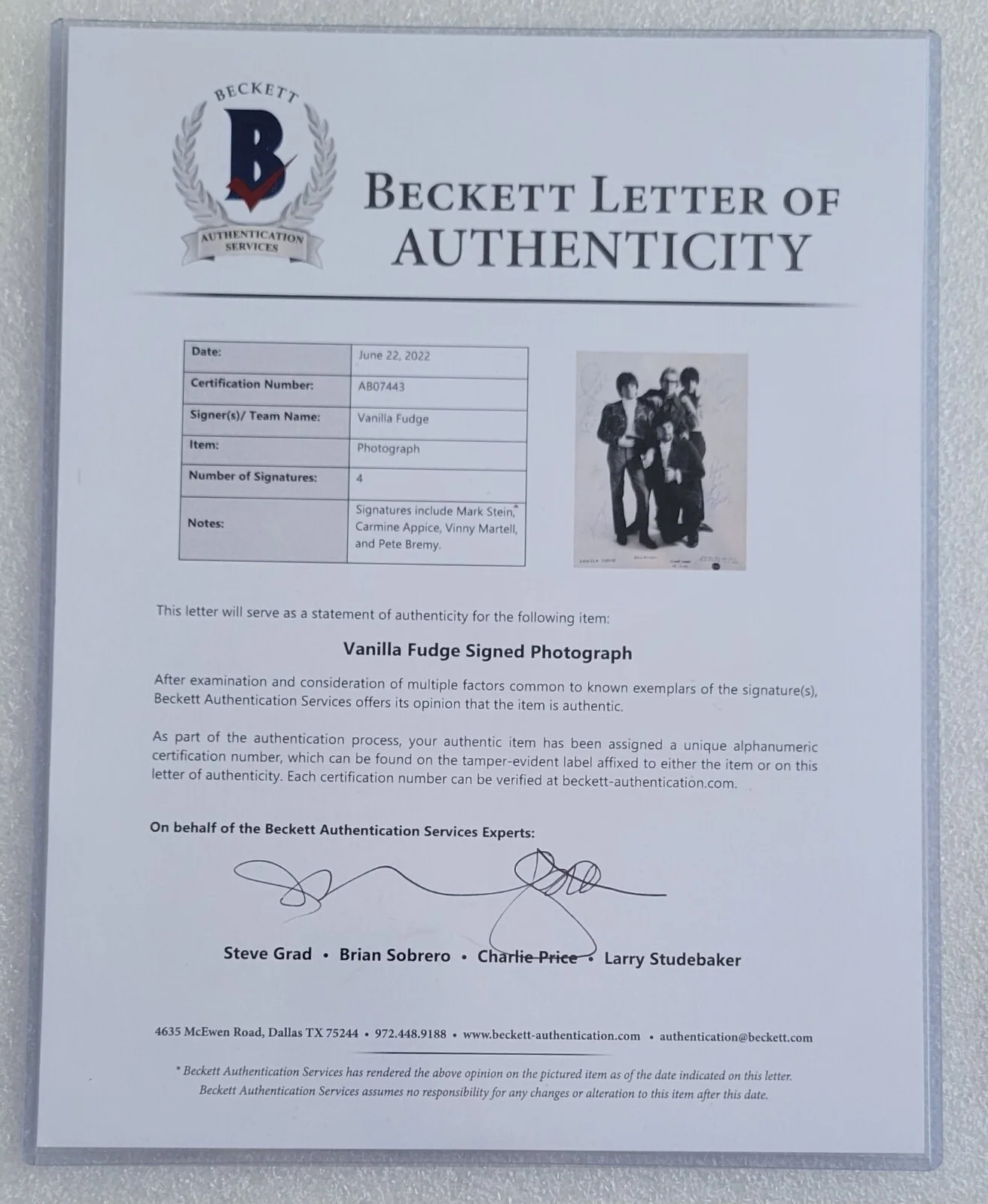 VANILLA FUDGE SIGNED VINTAGE PHOTO BECKETT LOA BAS PROMO COA AUTOGRAPHED BAND, изображение 3