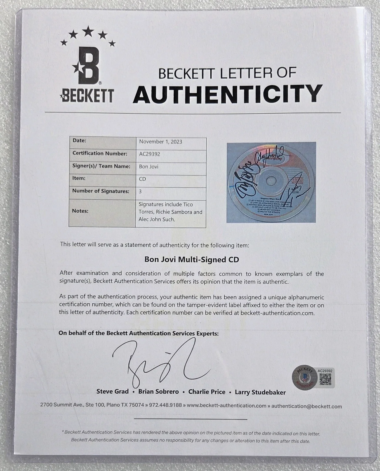 BON JOVI AUTOGRAPHED BECKETT BAS LOA COA BAND SIGNED MUSIC CD DISPLAY LETTER, изображение 5
