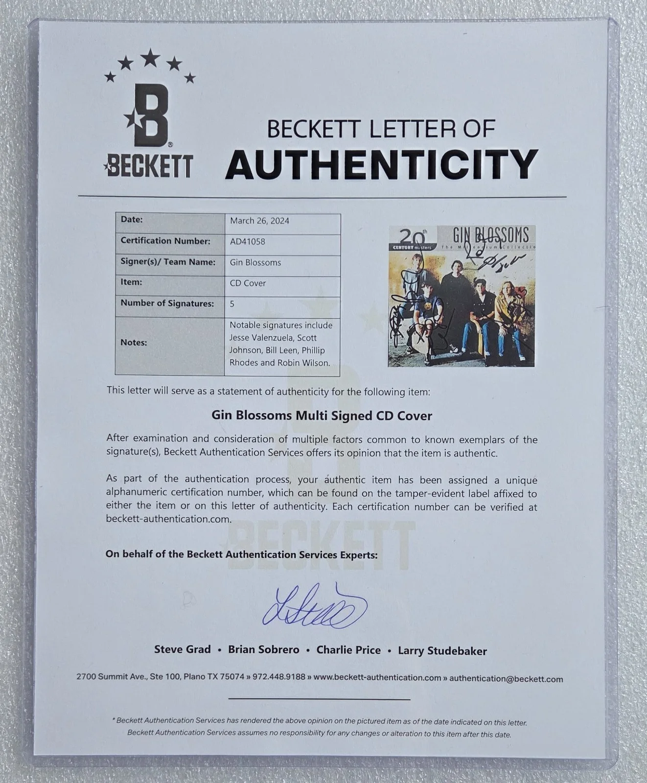 GIN BLOSSOMS SIGNED CD BECKETT LOA BAS COA AUTOGRAPHED WITH PHILLIP RHODES RARE, изображение 5