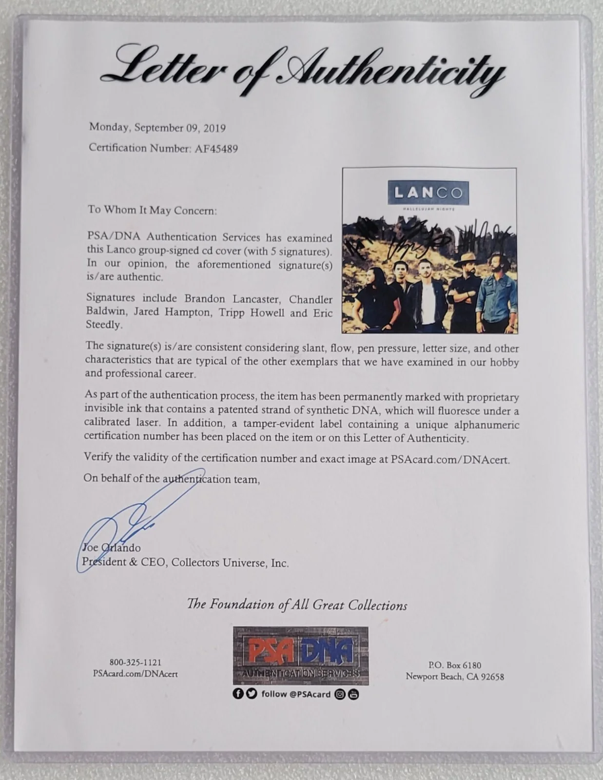 LANCO CD DISPLAY PSA/DNA CERTIFIED LOA COA SIGNED BAND AUTOGRAPHED PSA LETTER, image 5