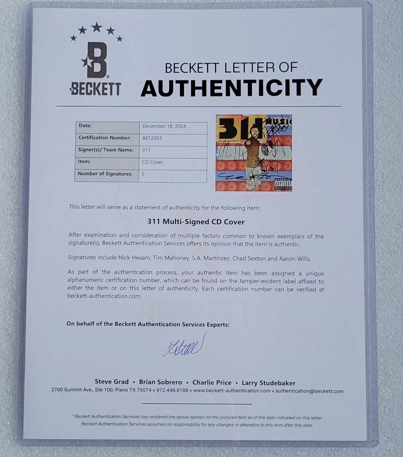 311 AUTOGRAPHED BECKETT COA LOA BAS CD DISPLAY SIGNED MUSIC FULL LETTER HEXAM, image 4