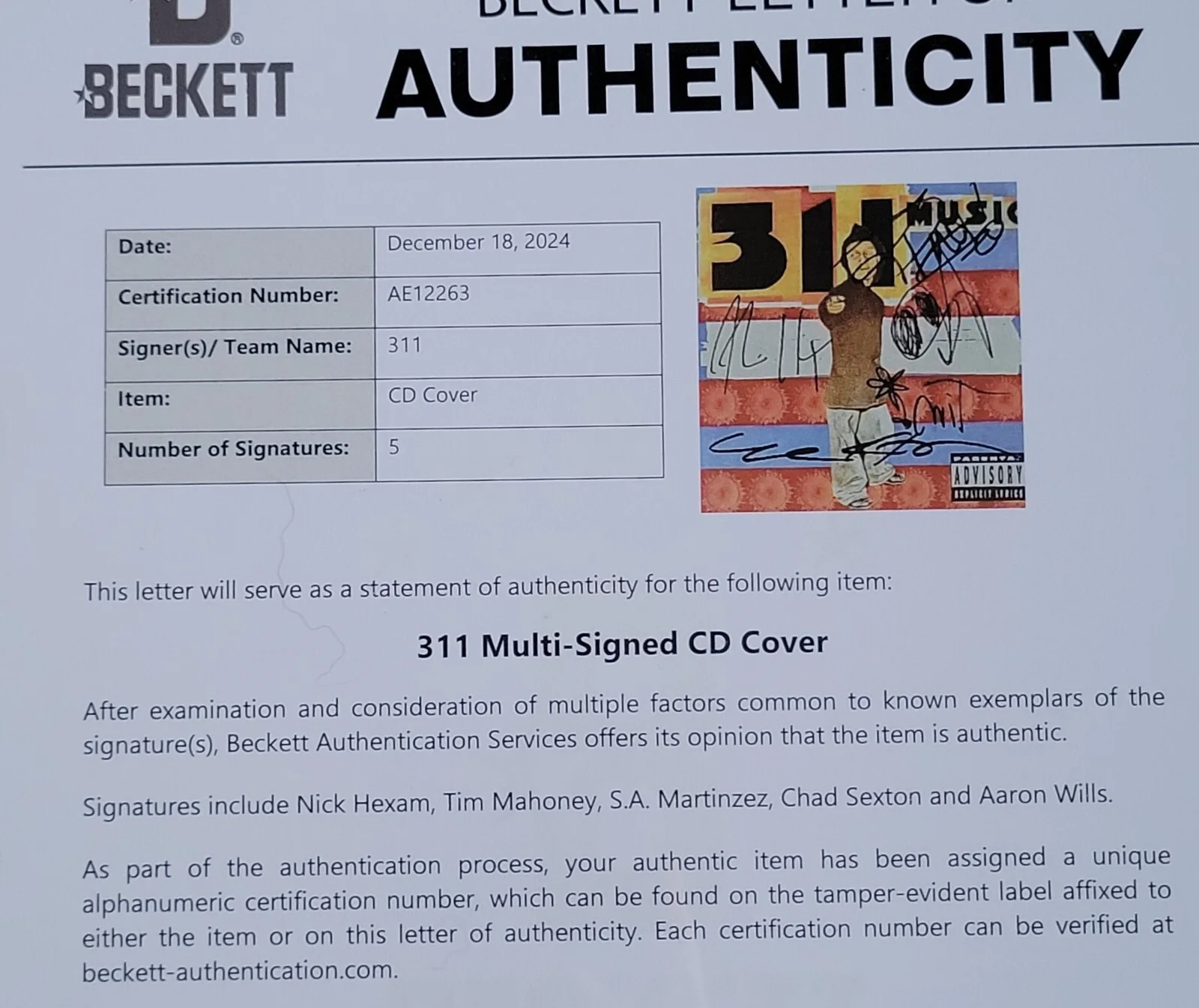 311 AUTOGRAPHED BECKETT COA LOA BAS CD DISPLAY SIGNED MUSIC FULL LETTER HEXAM, image 5