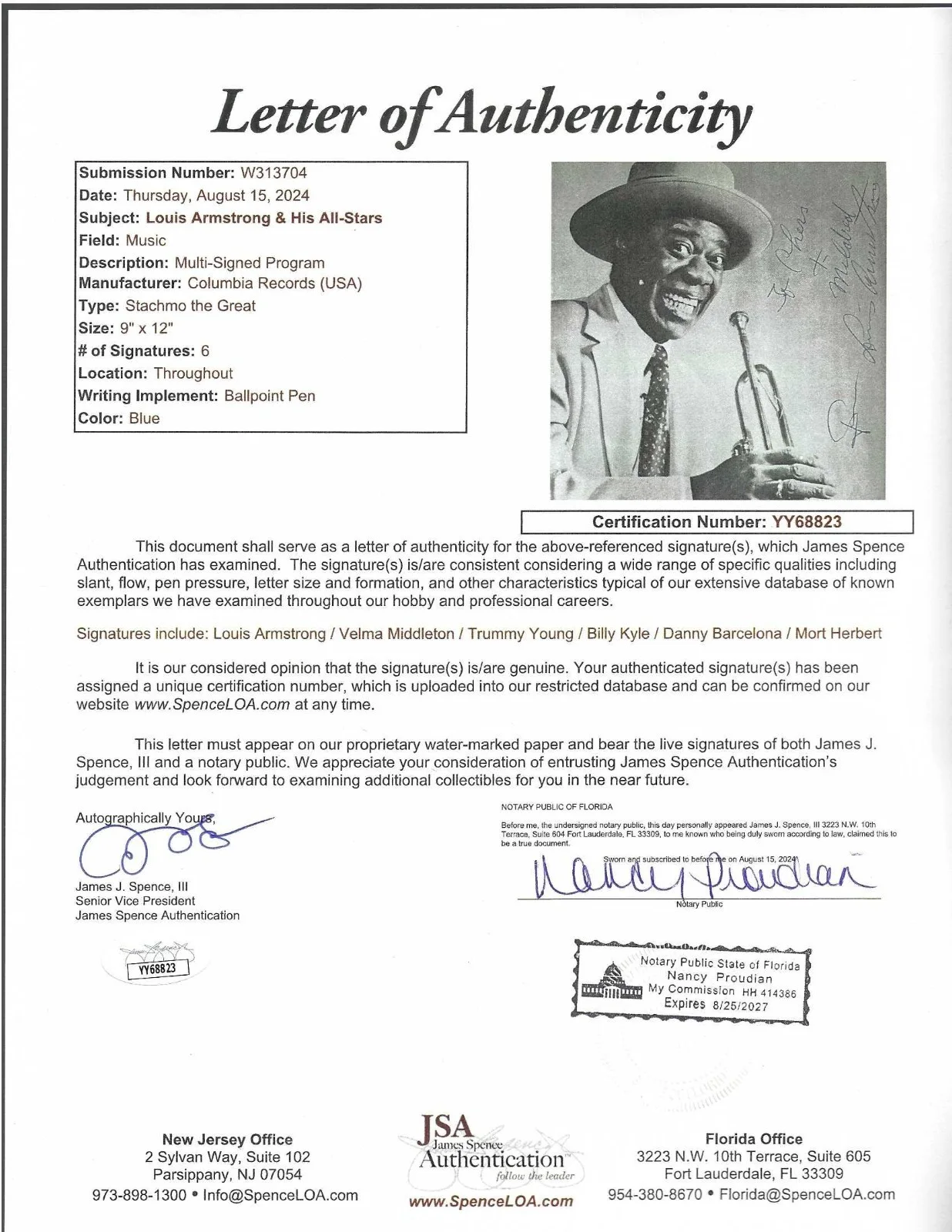 Louis Armstrong Autographed Concert Program Jazz Musician Trumpeter JSA Letter, изображение 4